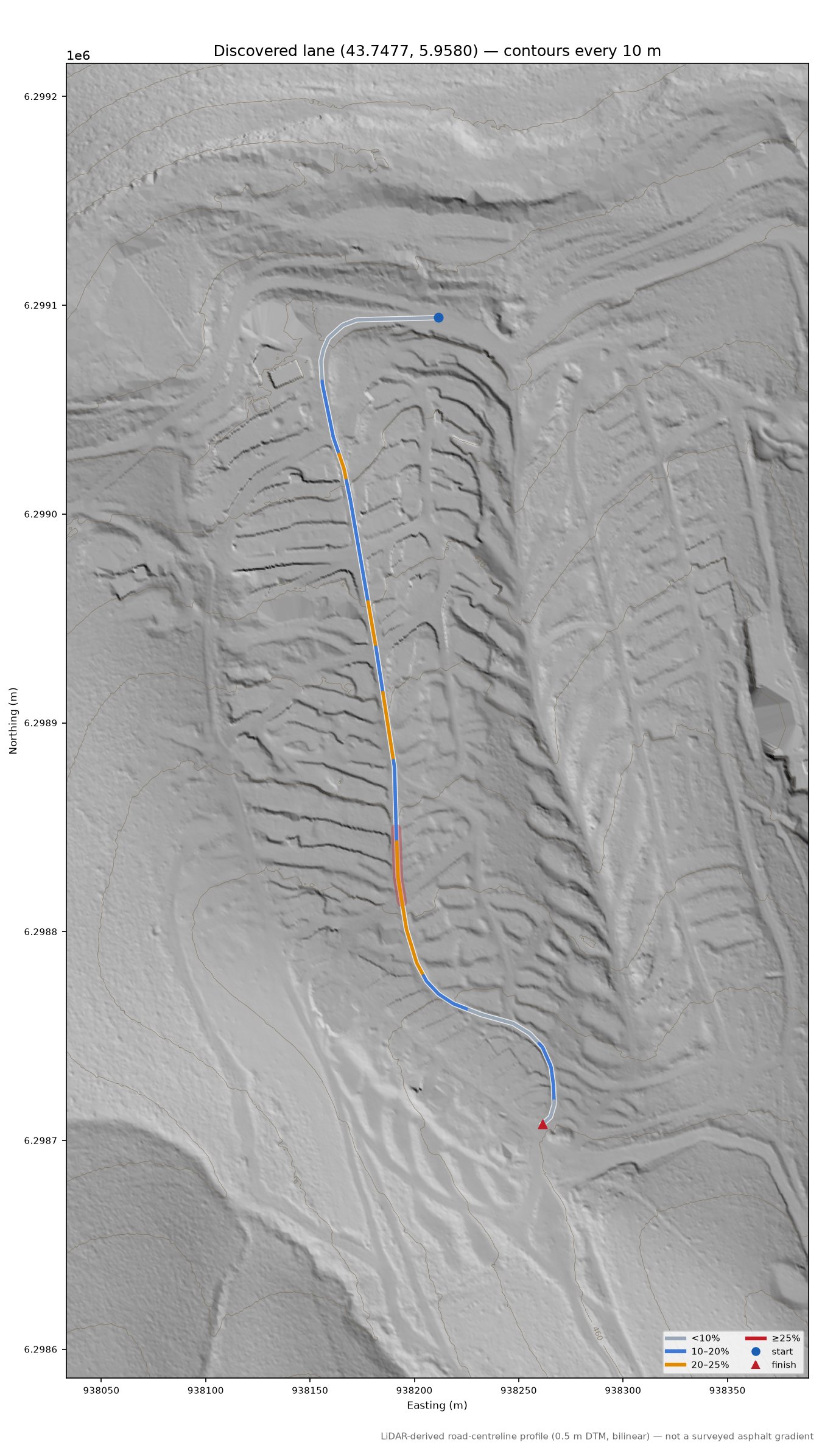 Discovered lane (43.7477, 5.9580) LiDAR hillshade map with contours