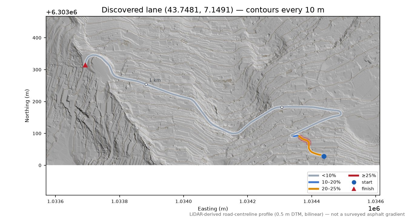 Discovered lane (43.7481, 7.1491) LiDAR hillshade map with contours