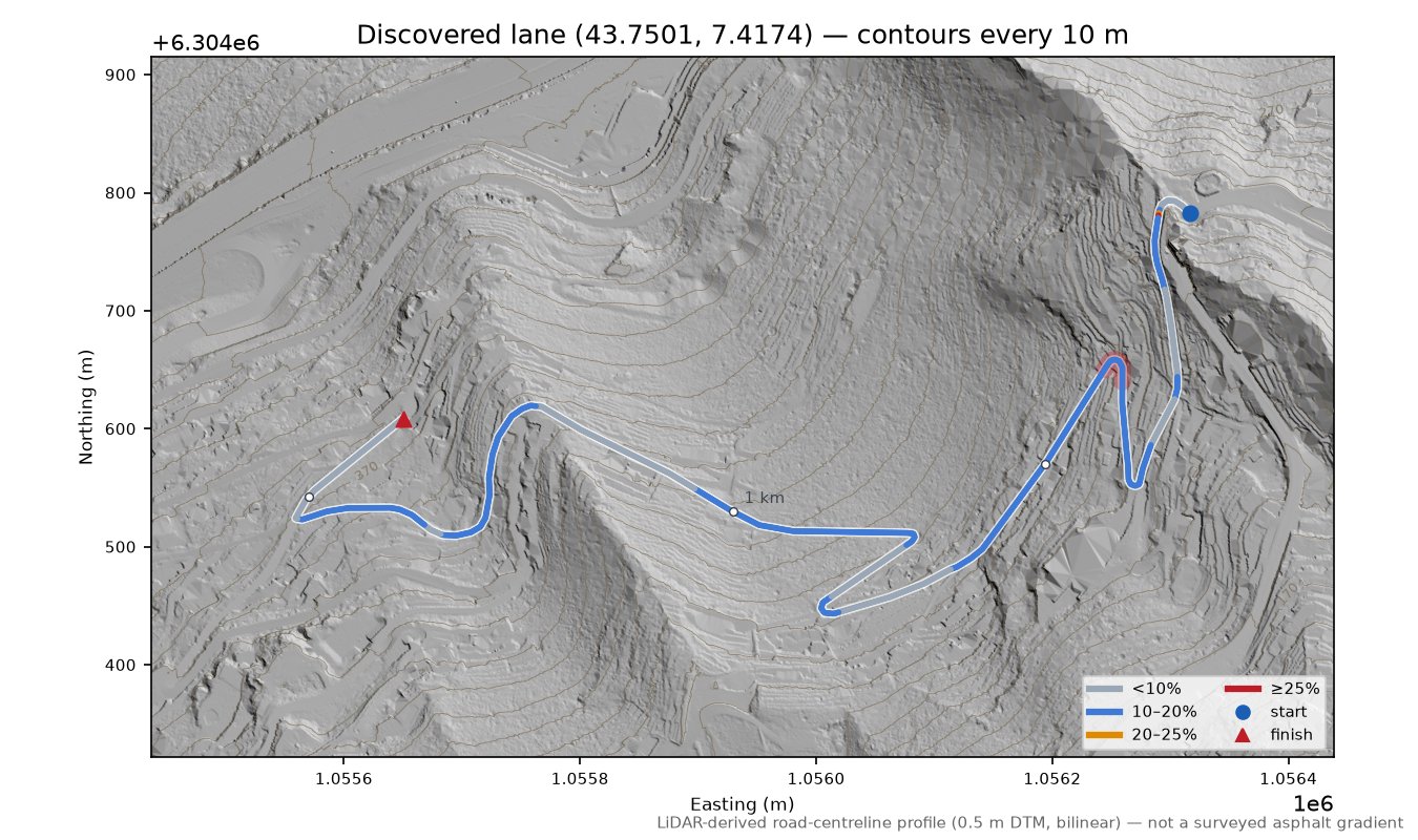 Discovered lane (43.7501, 7.4174) LiDAR hillshade map with contours