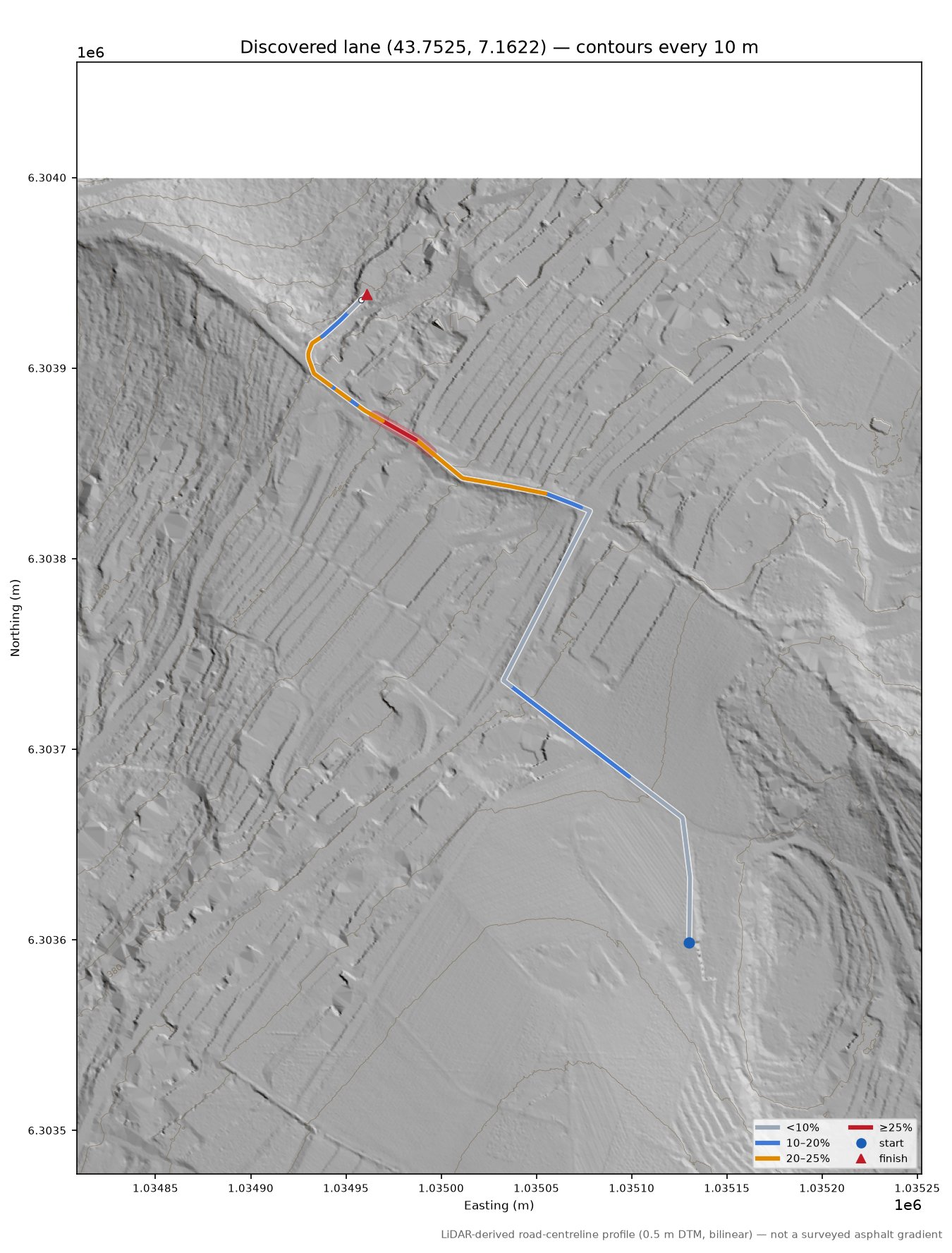 Discovered lane (43.7525, 7.1622) LiDAR hillshade map with contours