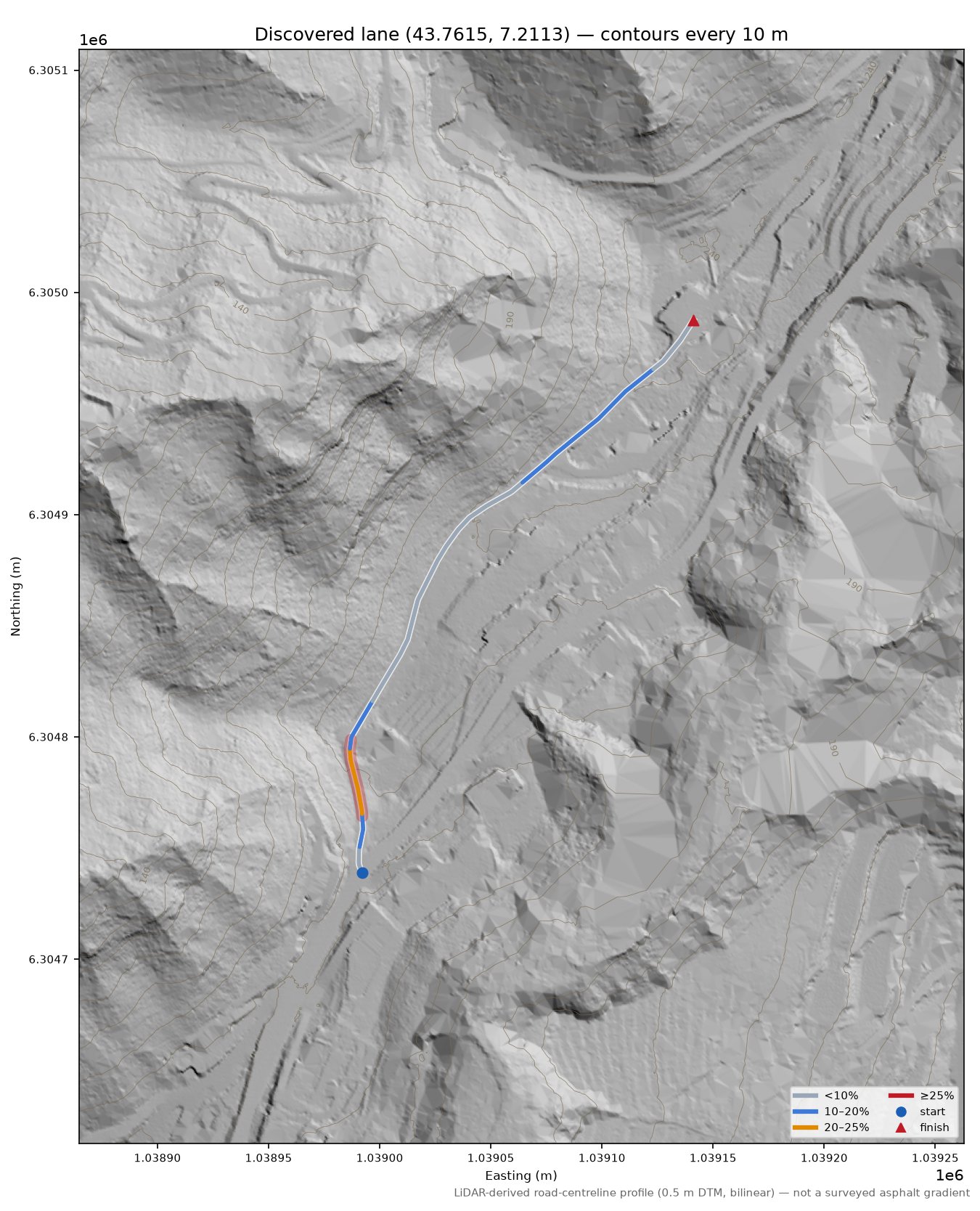 Discovered lane (43.7615, 7.2113) LiDAR hillshade map with contours