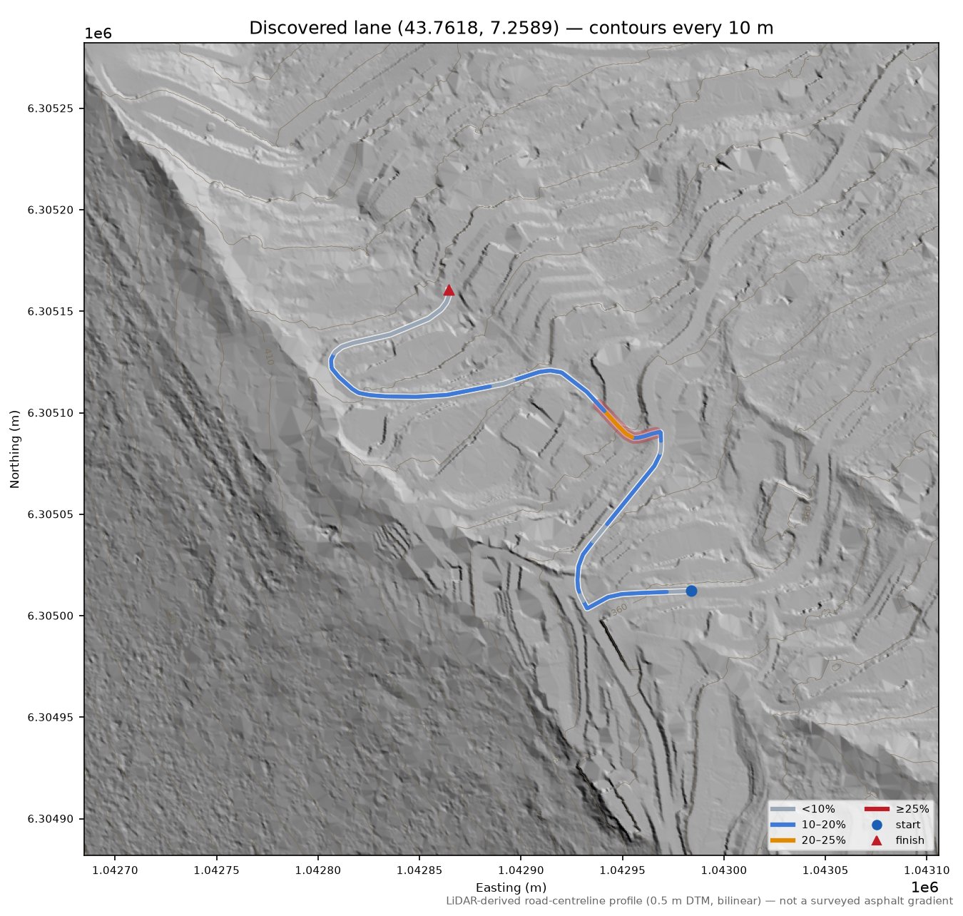 Discovered lane (43.7618, 7.2589) LiDAR hillshade map with contours