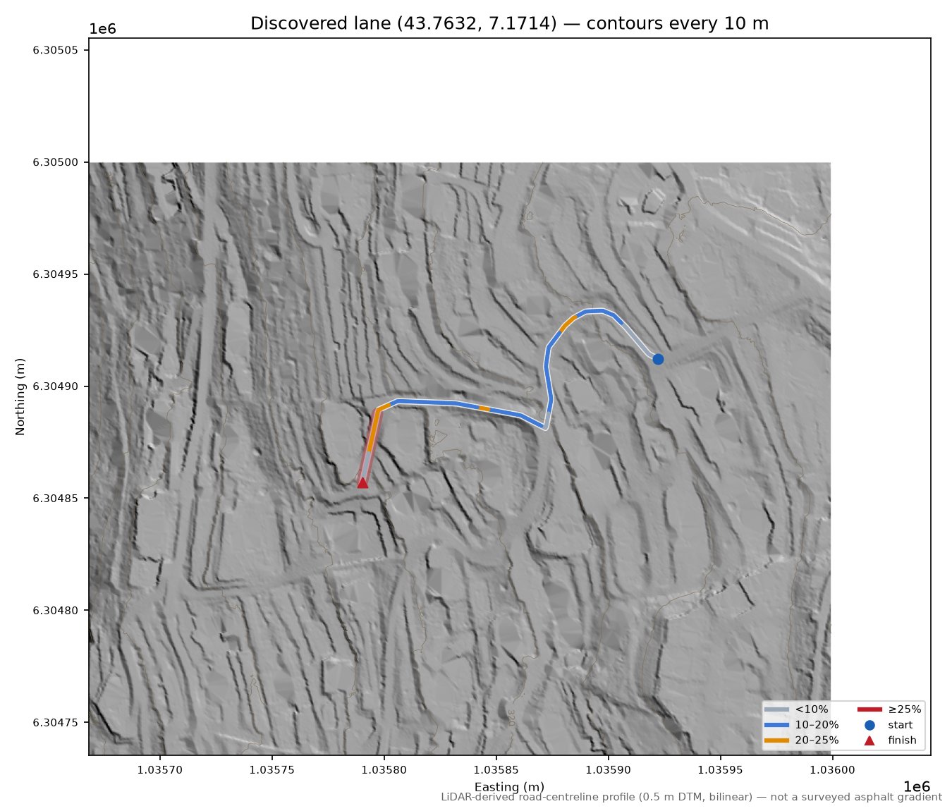 Discovered lane (43.7632, 7.1714) LiDAR hillshade map with contours
