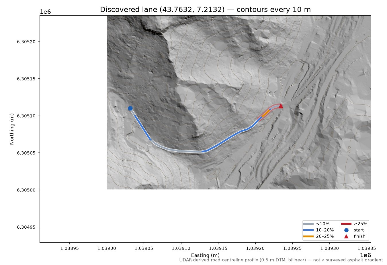 Discovered lane (43.7632, 7.2132) LiDAR hillshade map with contours