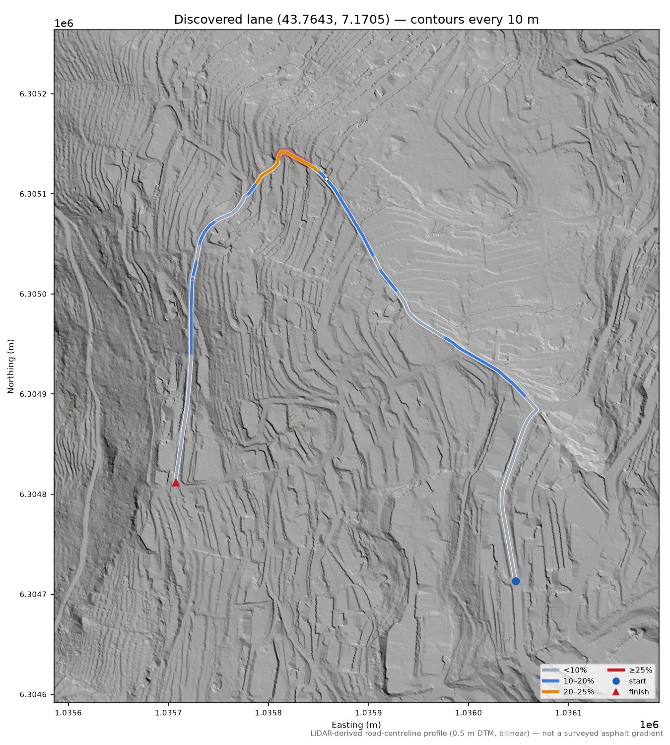 Discovered lane (43.7643, 7.1705) LiDAR hillshade map with contours