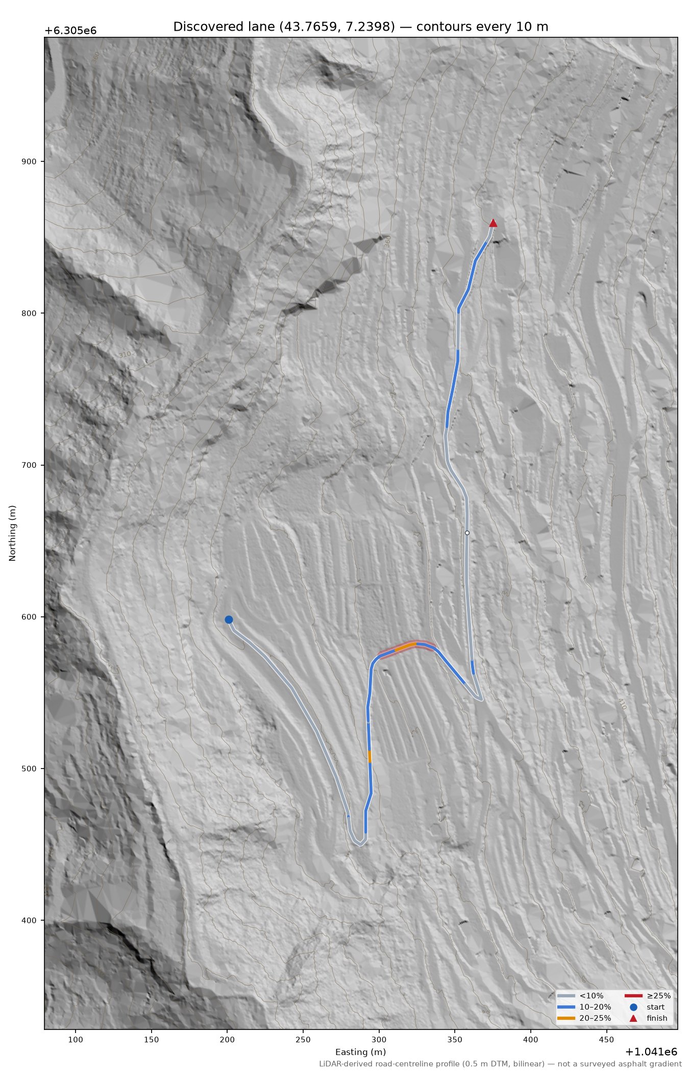 Discovered lane (43.7659, 7.2398) LiDAR hillshade map with contours