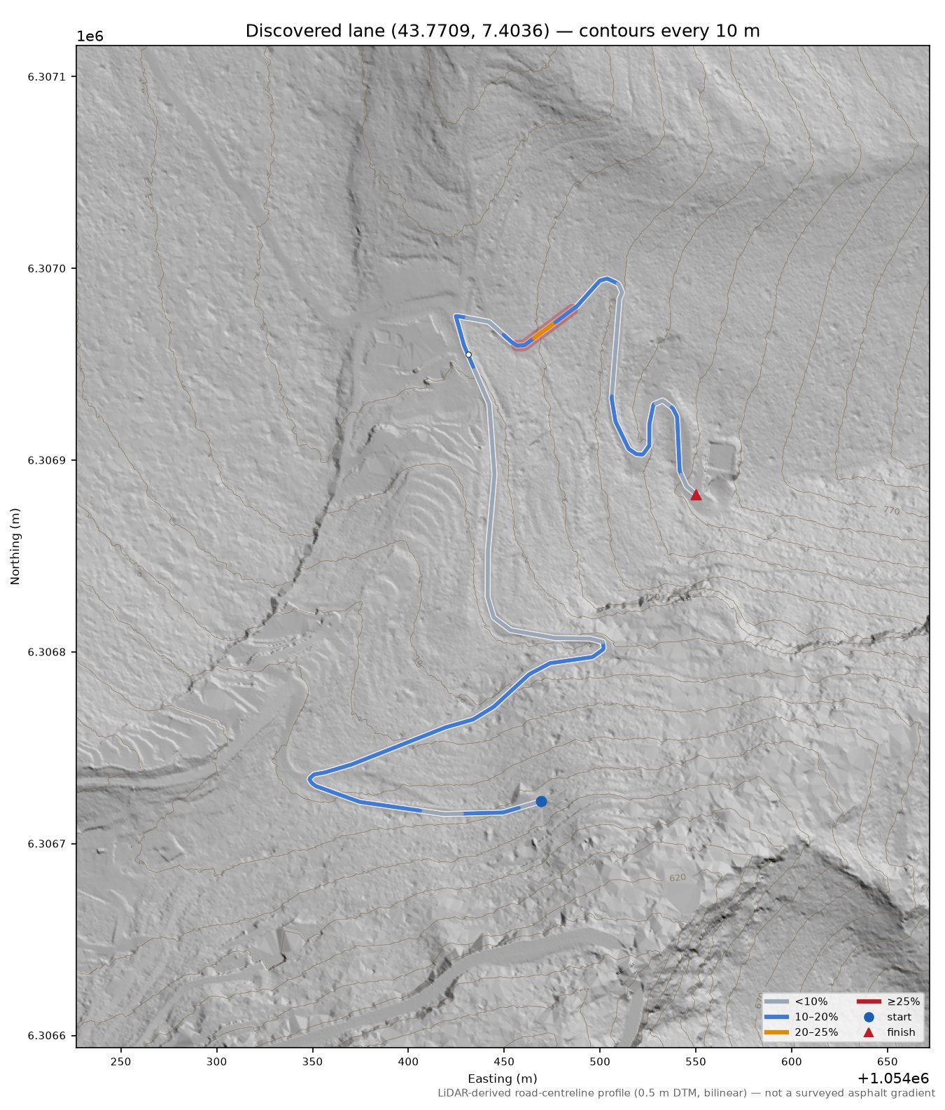 Discovered lane (43.7709, 7.4036) LiDAR hillshade map with contours