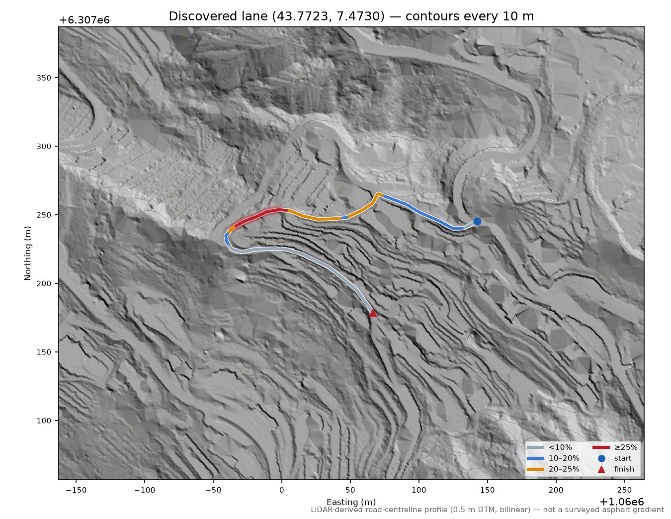 Discovered lane (43.7723, 7.4730) LiDAR hillshade map with contours