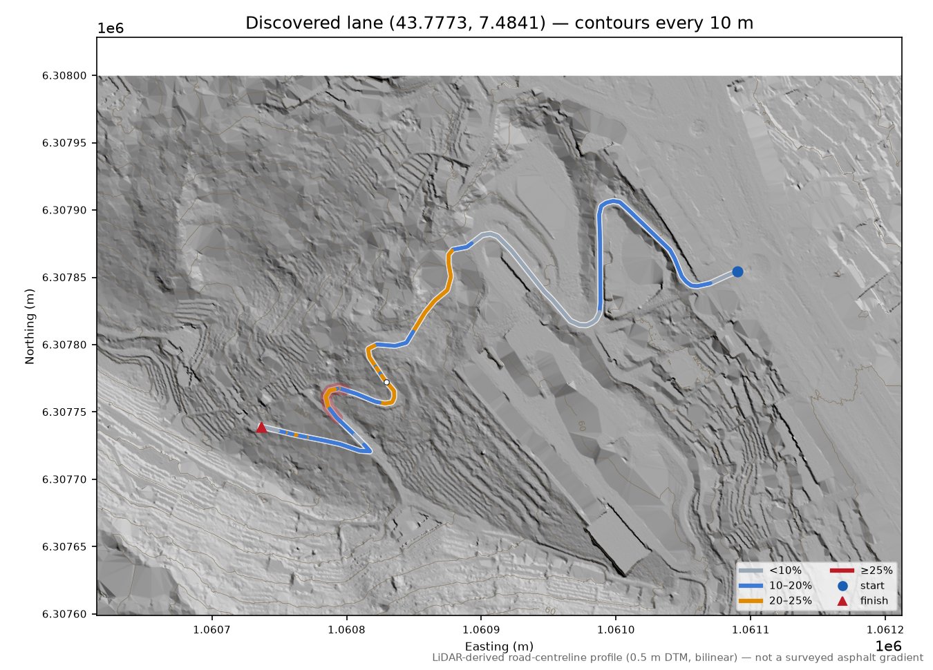 Discovered lane (43.7773, 7.4841) LiDAR hillshade map with contours