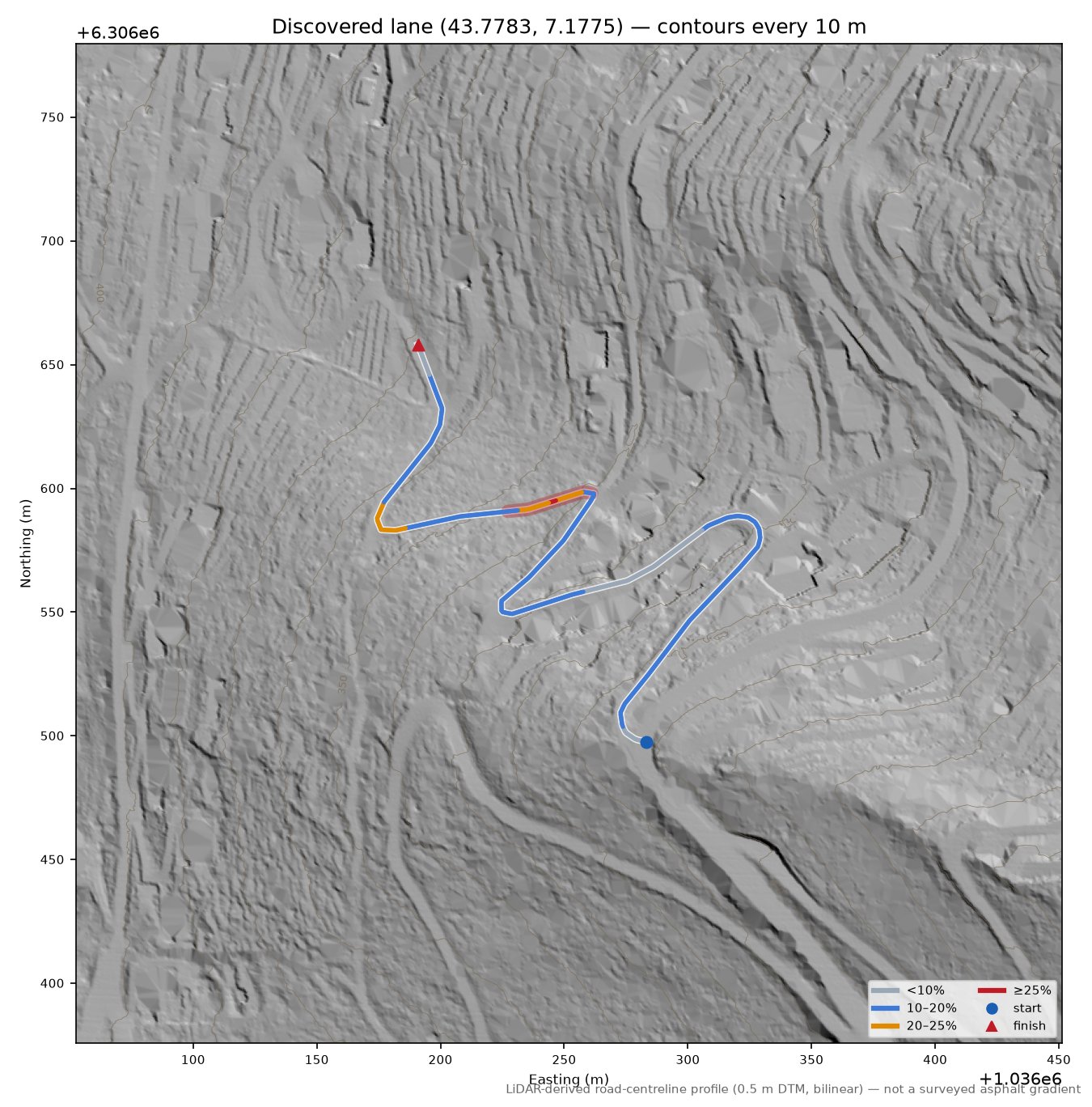 Discovered lane (43.7783, 7.1775) LiDAR hillshade map with contours