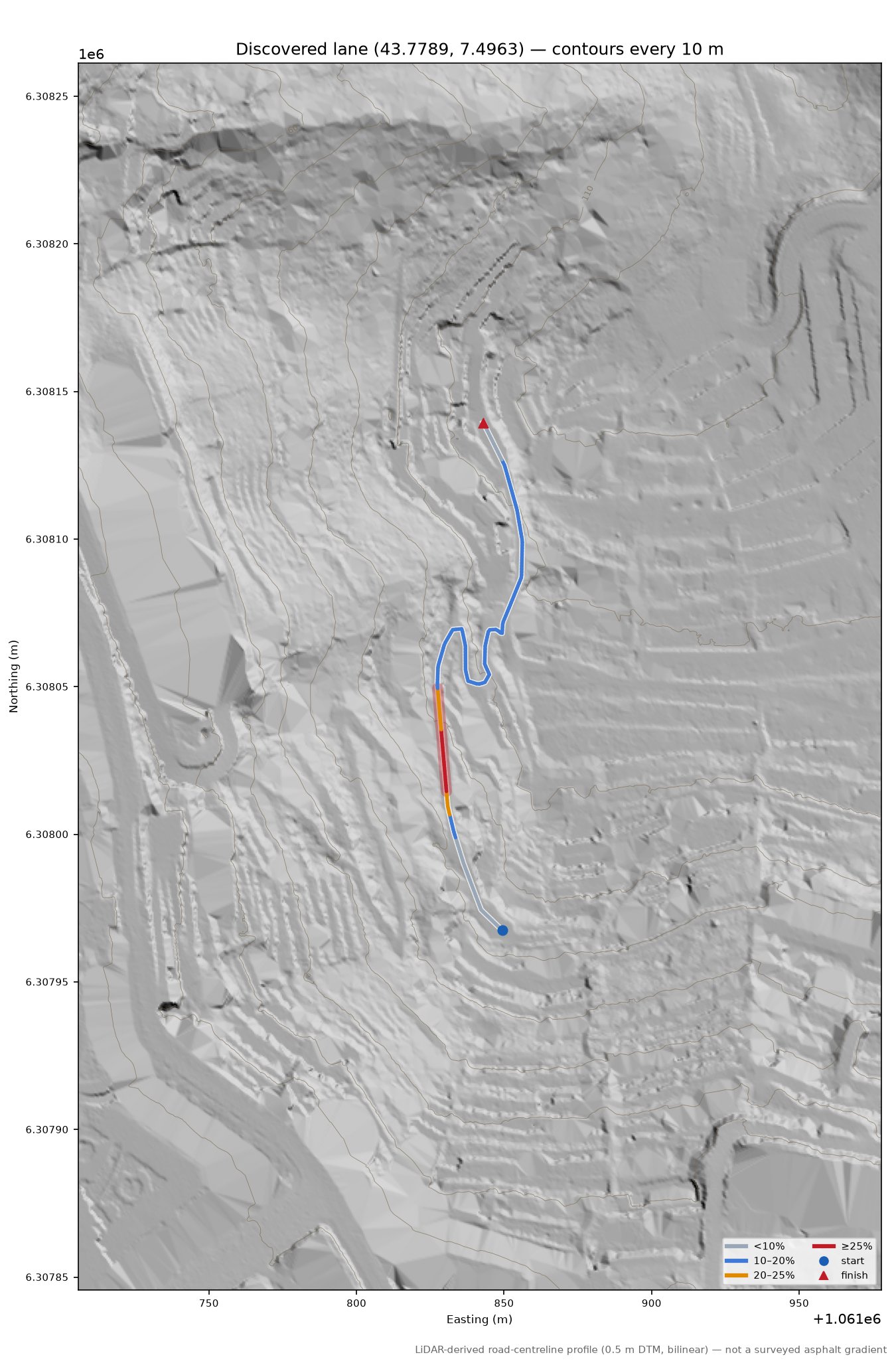 Discovered lane (43.7789, 7.4963) LiDAR hillshade map with contours