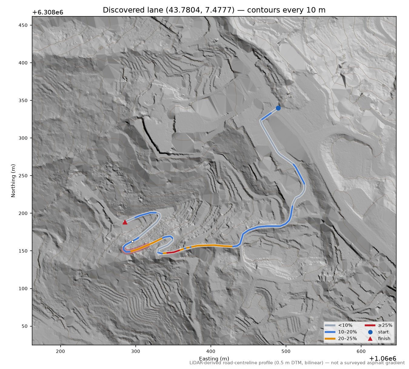 Discovered lane (43.7804, 7.4777) LiDAR hillshade map with contours