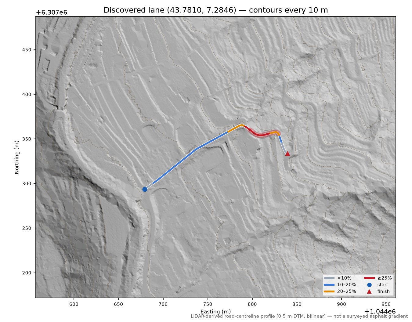 Discovered lane (43.7810, 7.2846) LiDAR hillshade map with contours
