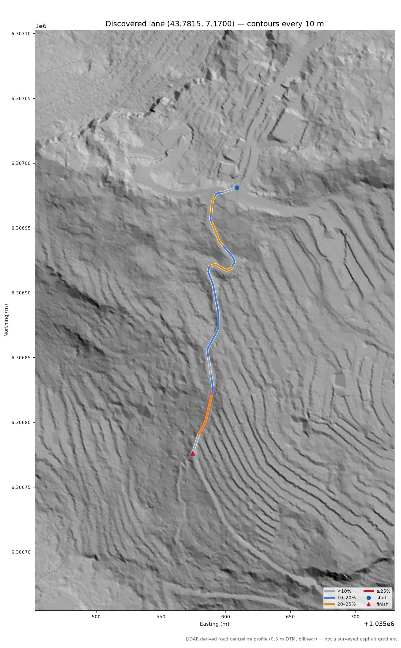 Discovered lane (43.7815, 7.1700) LiDAR hillshade map with contours