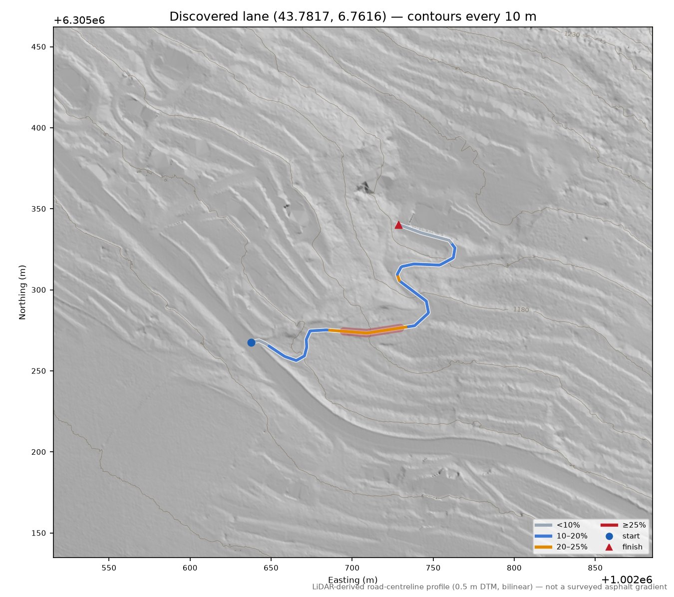 Discovered lane (43.7817, 6.7616) LiDAR hillshade map with contours