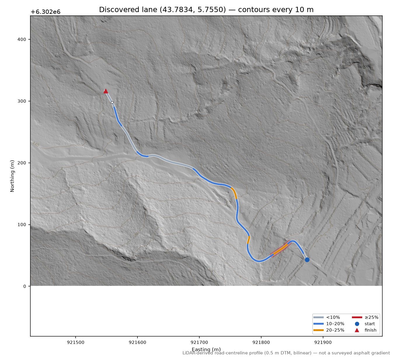 Discovered lane (43.7834, 5.7550) LiDAR hillshade map with contours