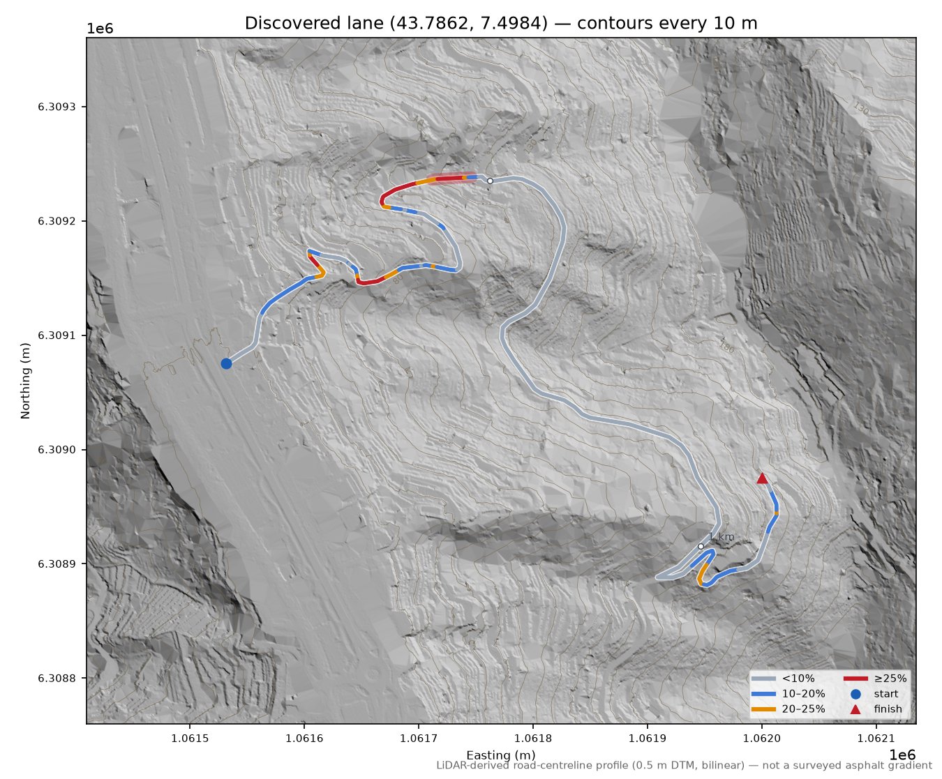 Discovered lane (43.7862, 7.4984) LiDAR hillshade map with contours