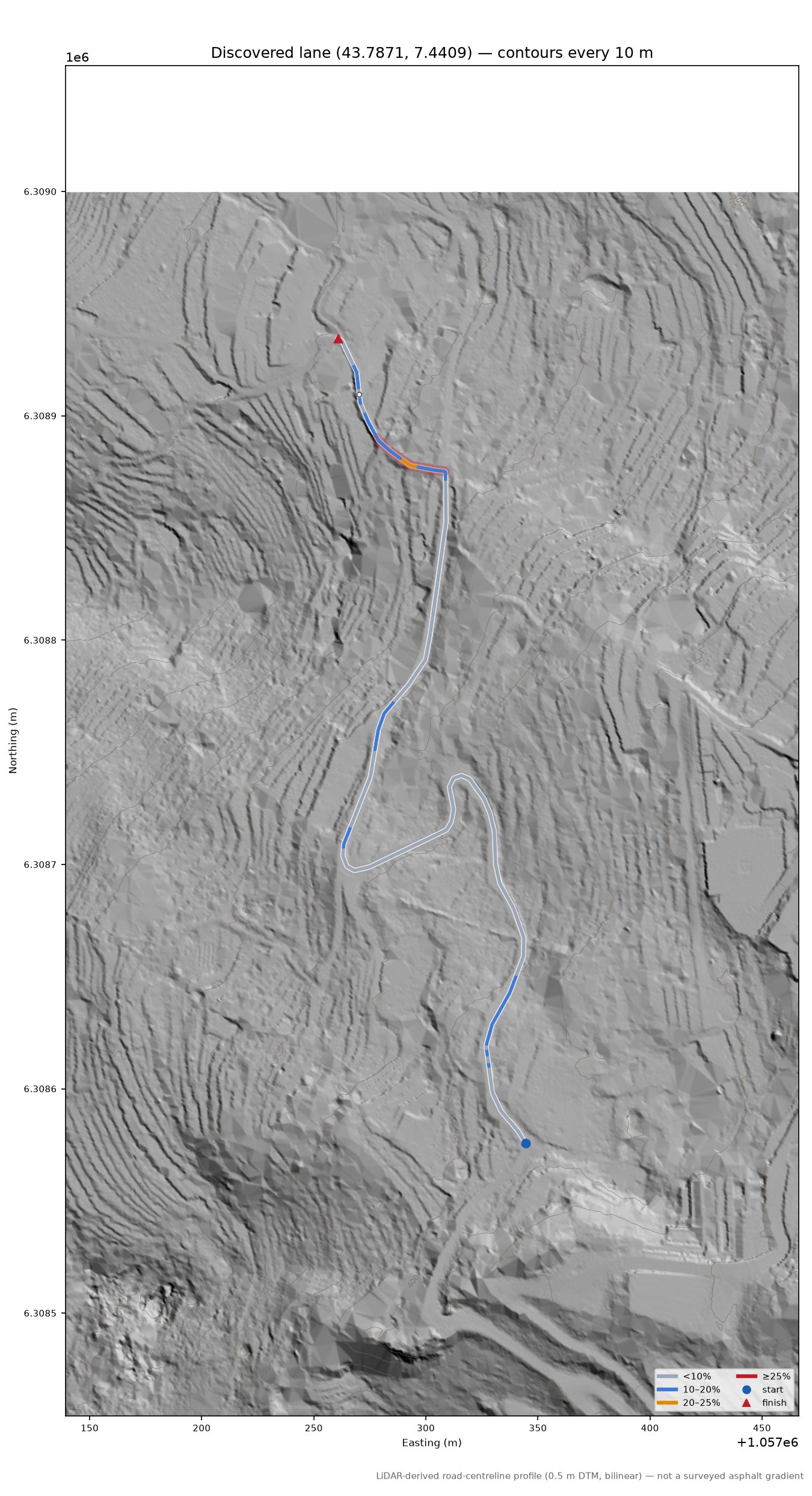 Discovered lane (43.7871, 7.4409) LiDAR hillshade map with contours