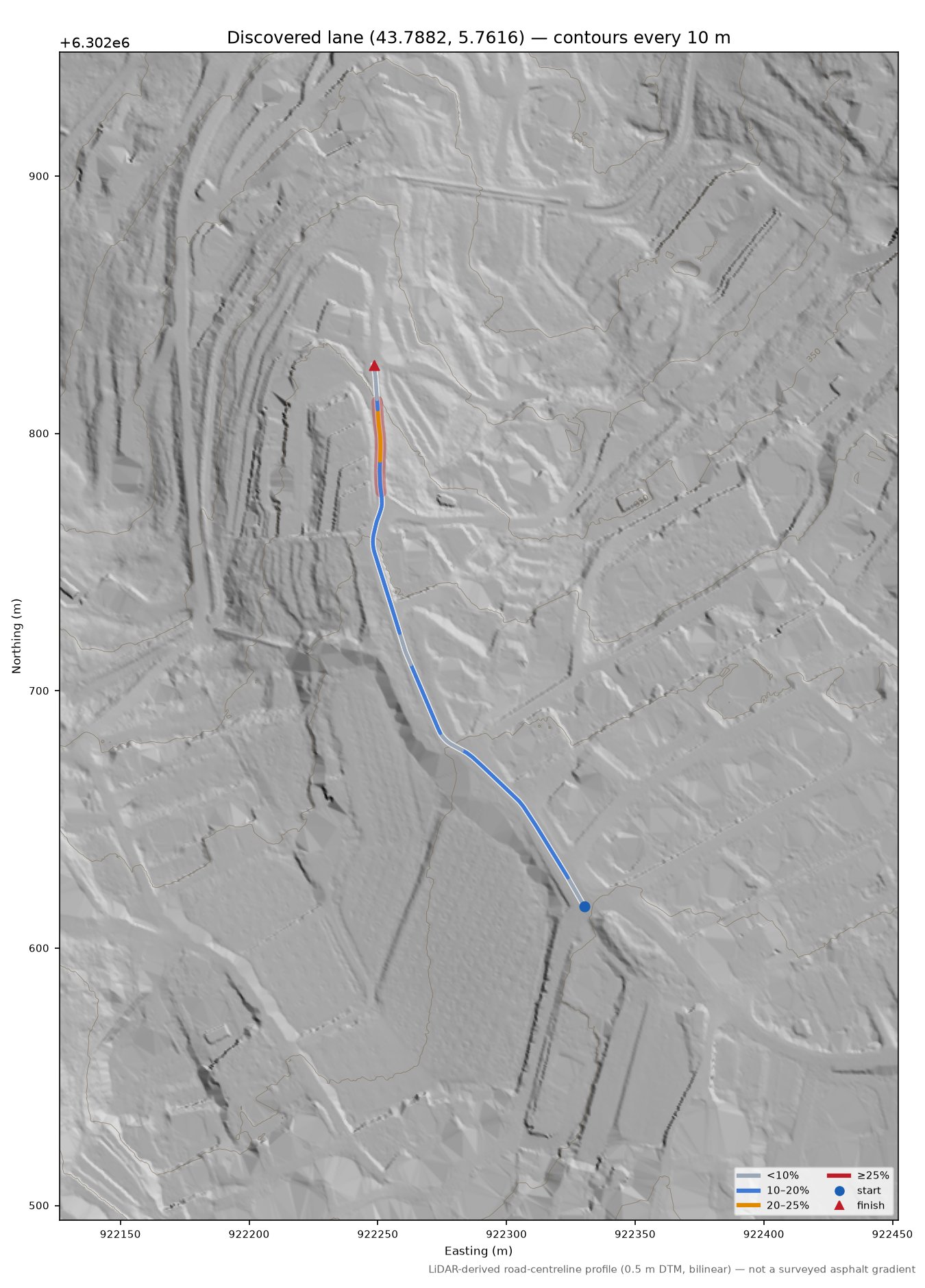Discovered lane (43.7882, 5.7616) LiDAR hillshade map with contours