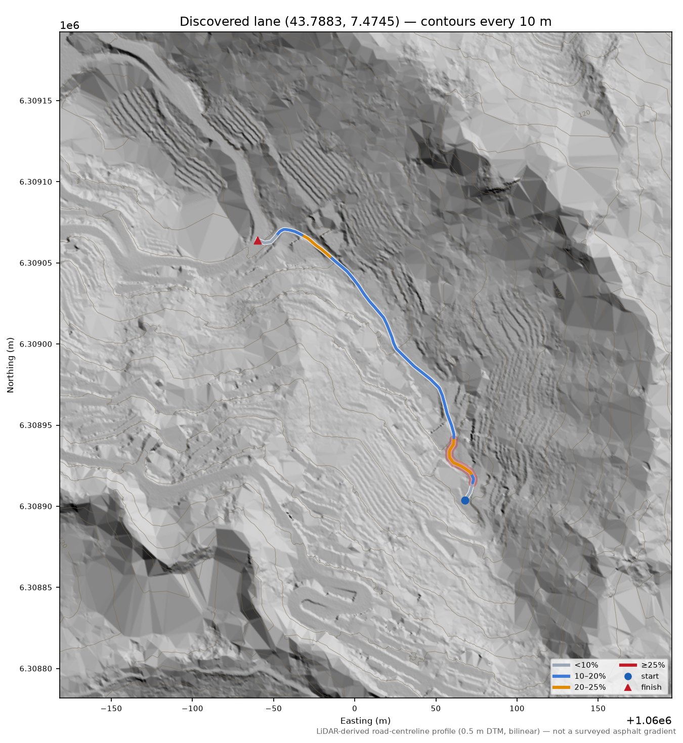 Discovered lane (43.7883, 7.4745) LiDAR hillshade map with contours