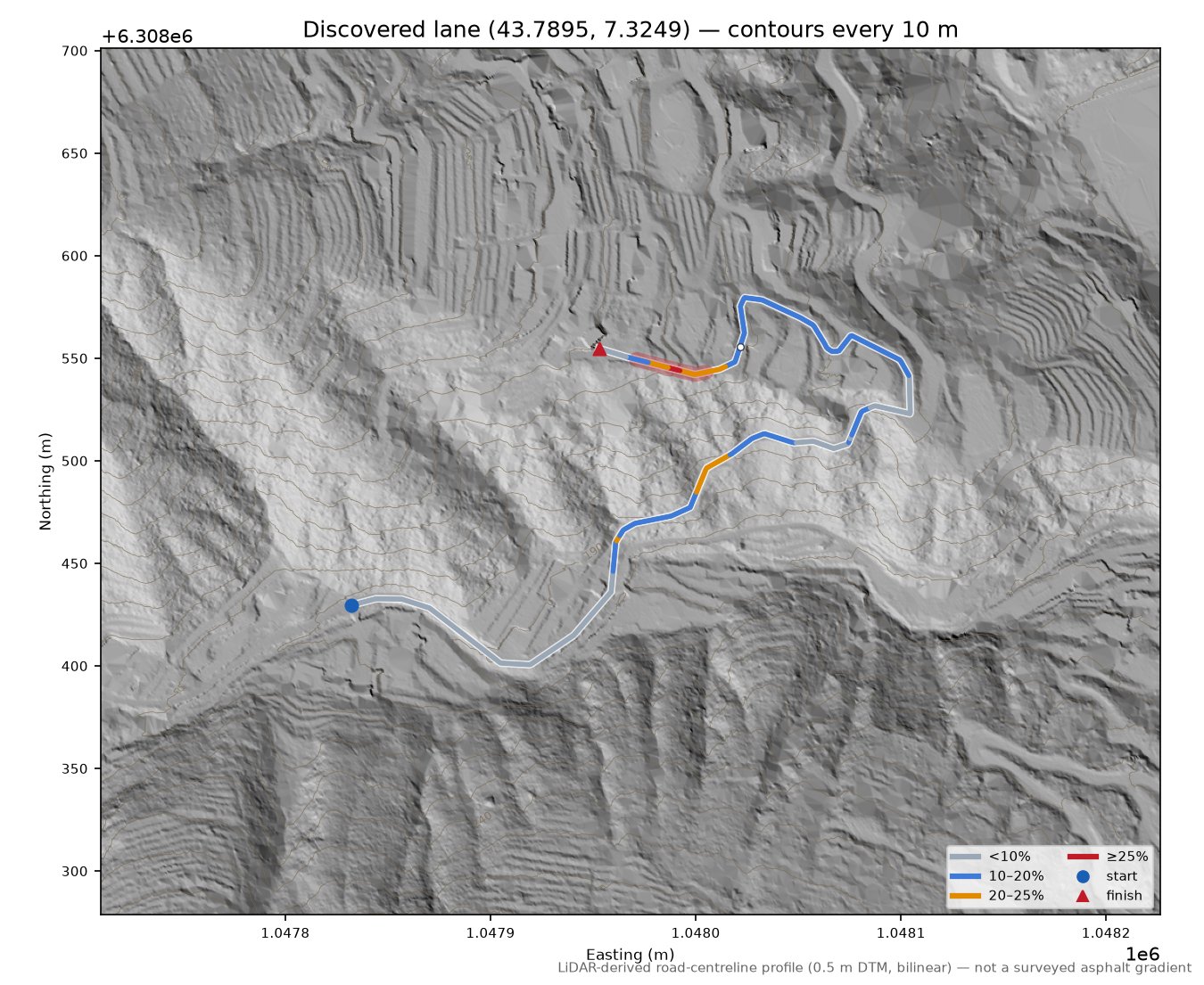 Discovered lane (43.7895, 7.3249) LiDAR hillshade map with contours