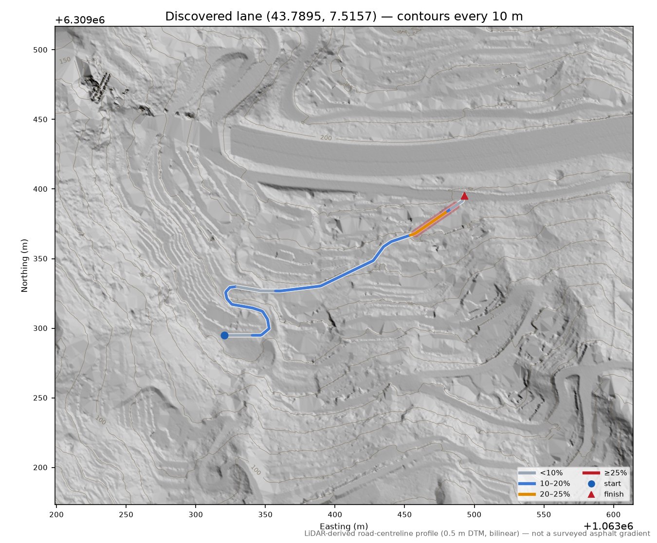 Discovered lane (43.7895, 7.5157) LiDAR hillshade map with contours