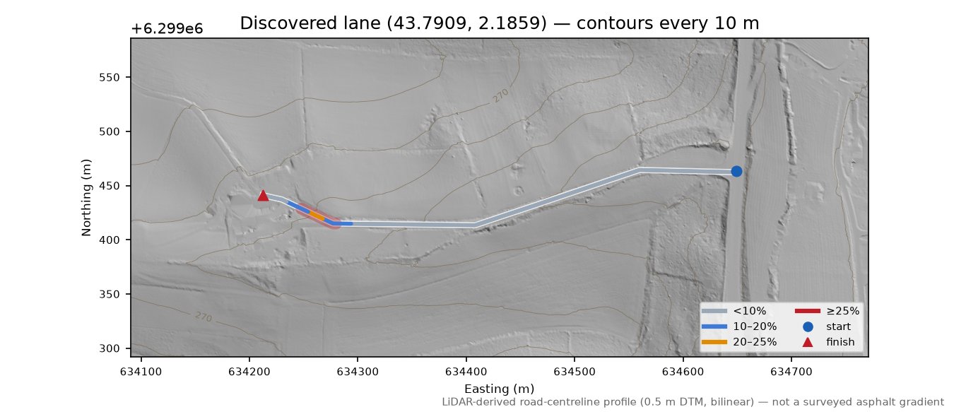 Discovered lane (43.7909, 2.1859) LiDAR hillshade map with contours