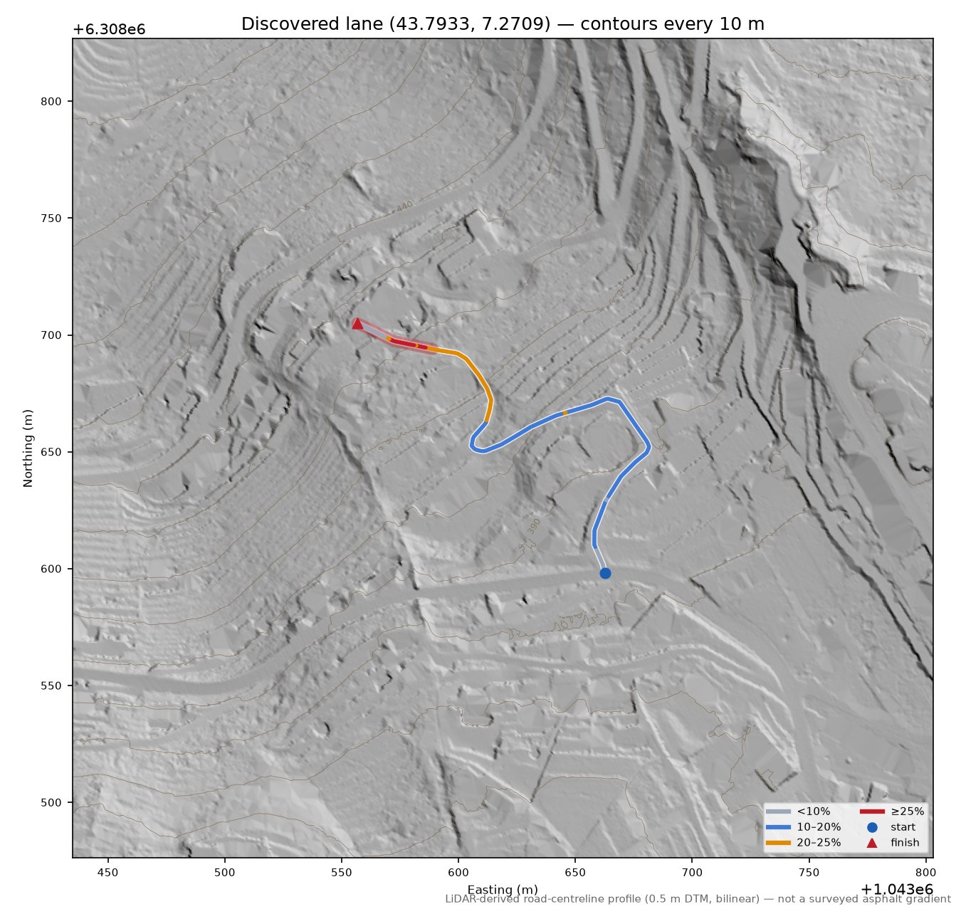 Discovered lane (43.7933, 7.2709) LiDAR hillshade map with contours