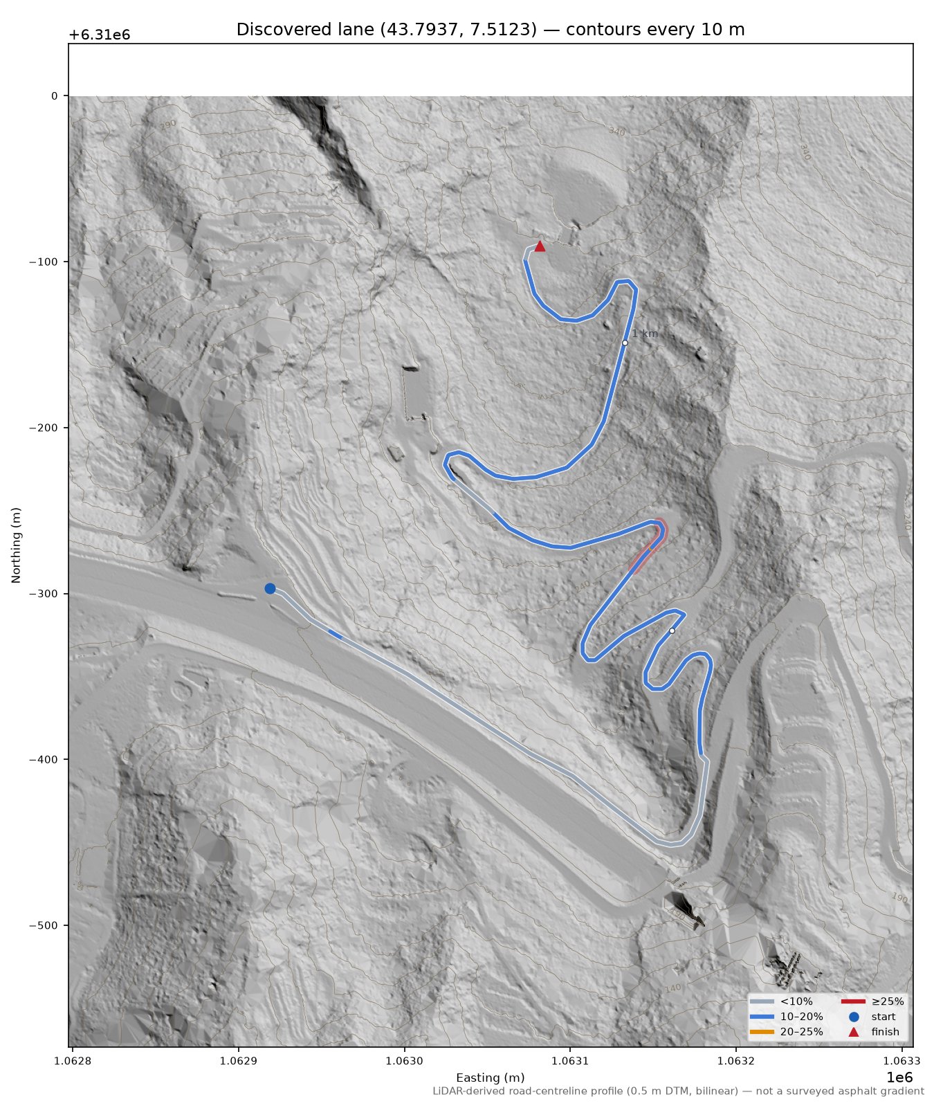 Discovered lane (43.7937, 7.5123) LiDAR hillshade map with contours