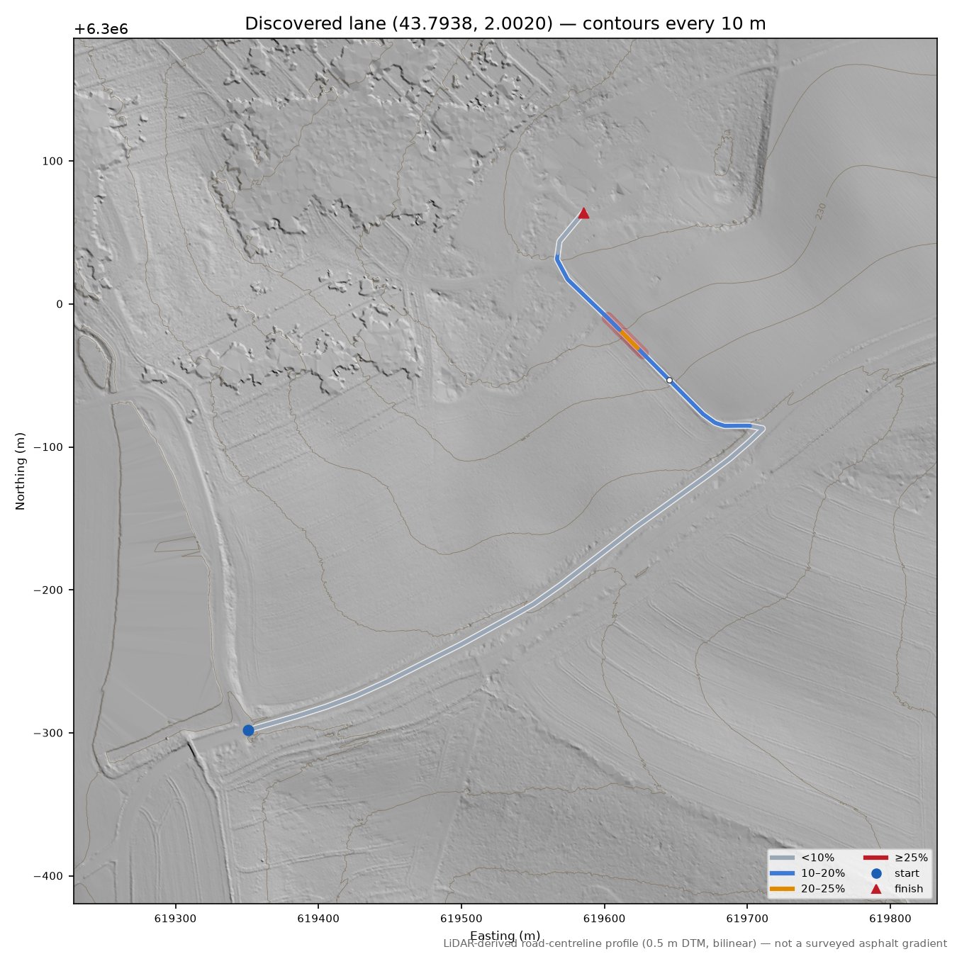 Discovered lane (43.7938, 2.0020) LiDAR hillshade map with contours