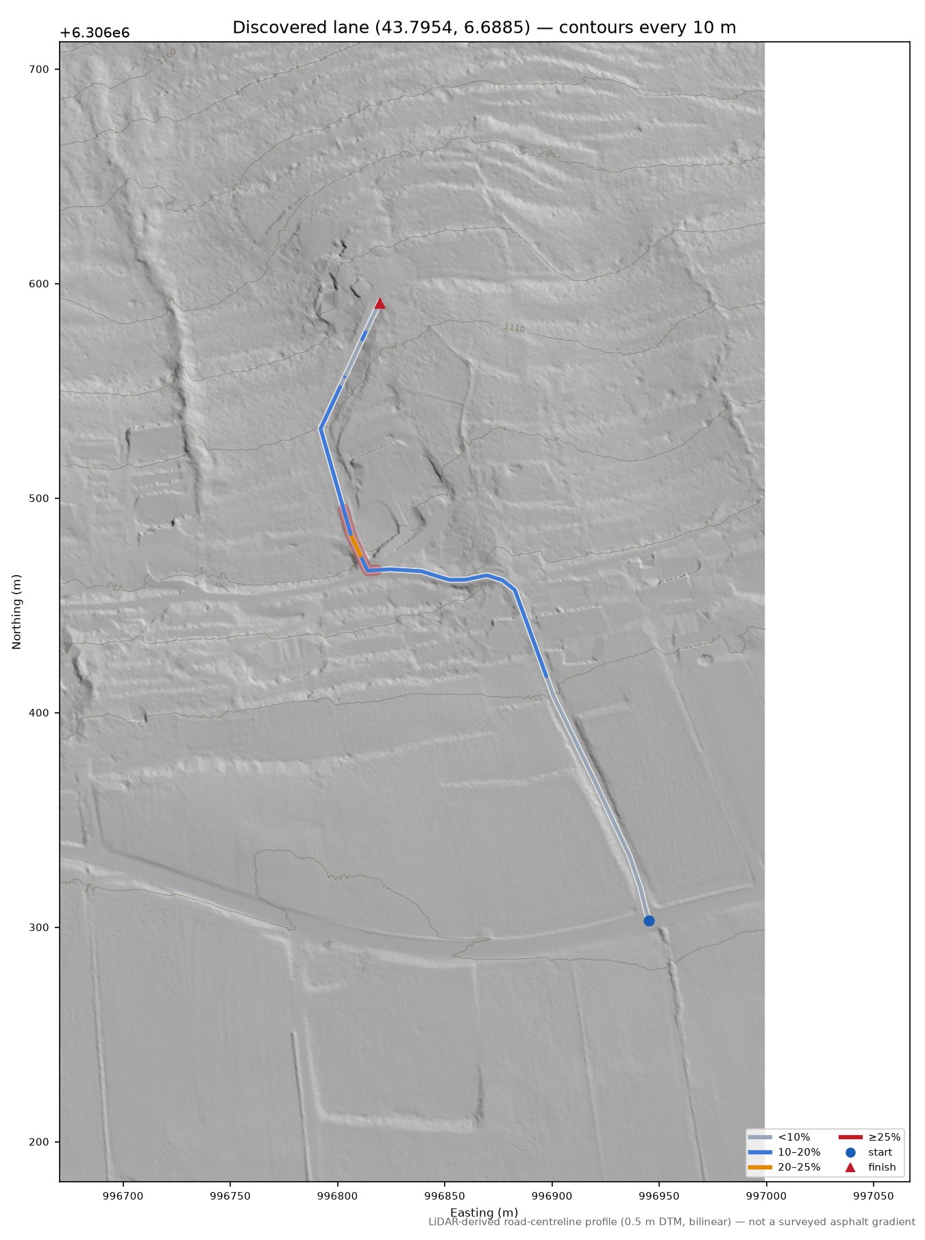 Discovered lane (43.7954, 6.6885) LiDAR hillshade map with contours