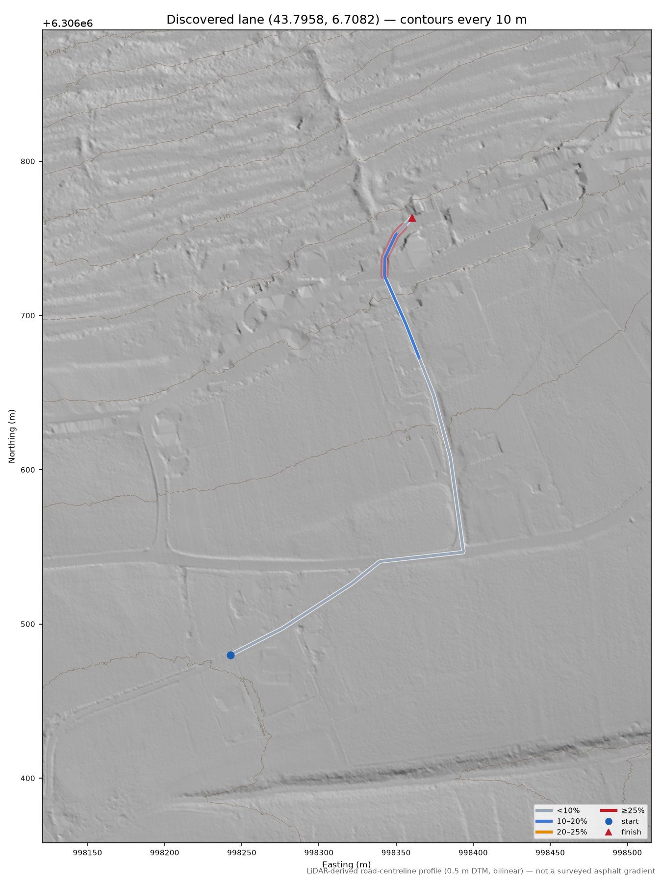Discovered lane (43.7958, 6.7082) LiDAR hillshade map with contours