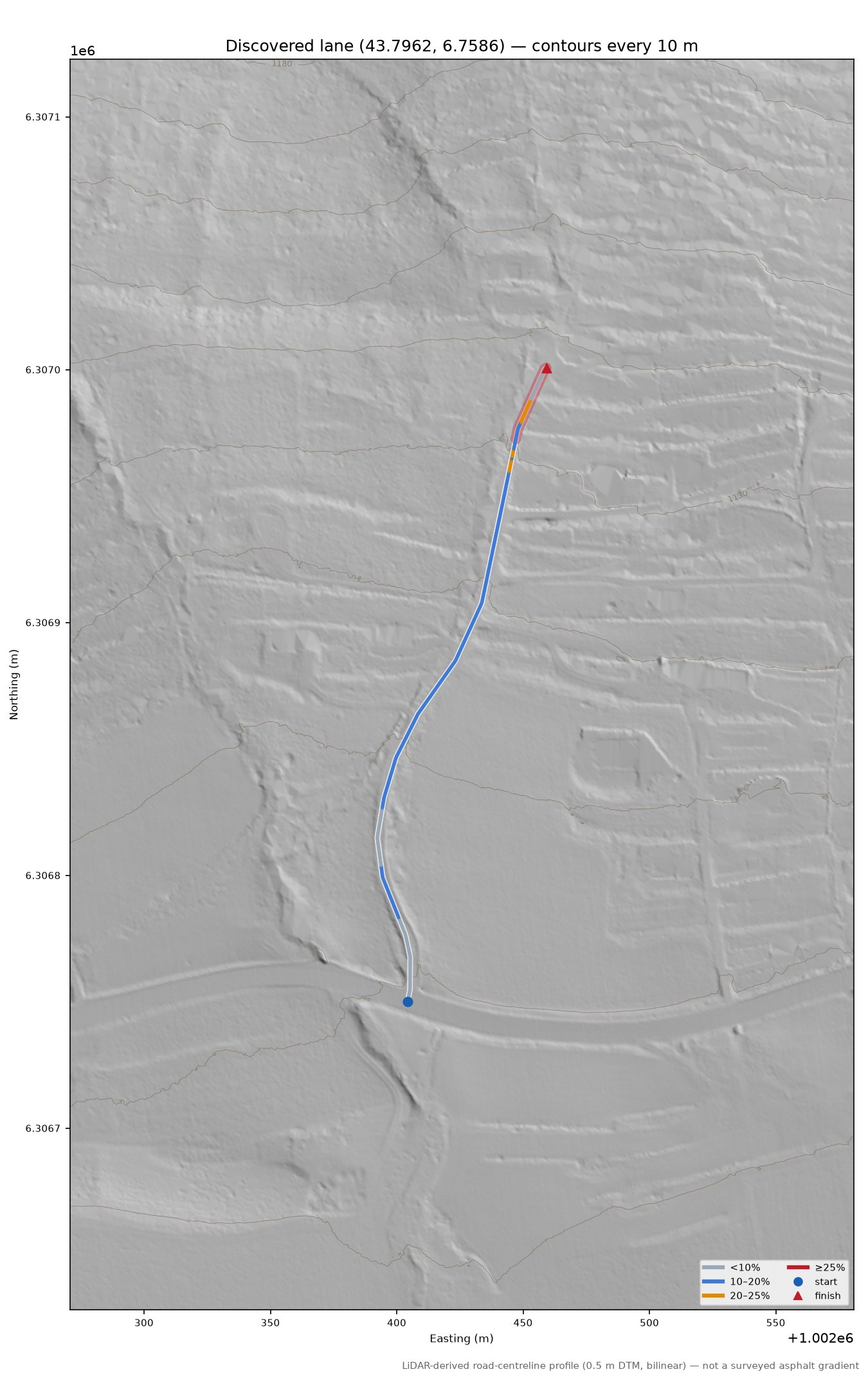 Discovered lane (43.7962, 6.7586) LiDAR hillshade map with contours