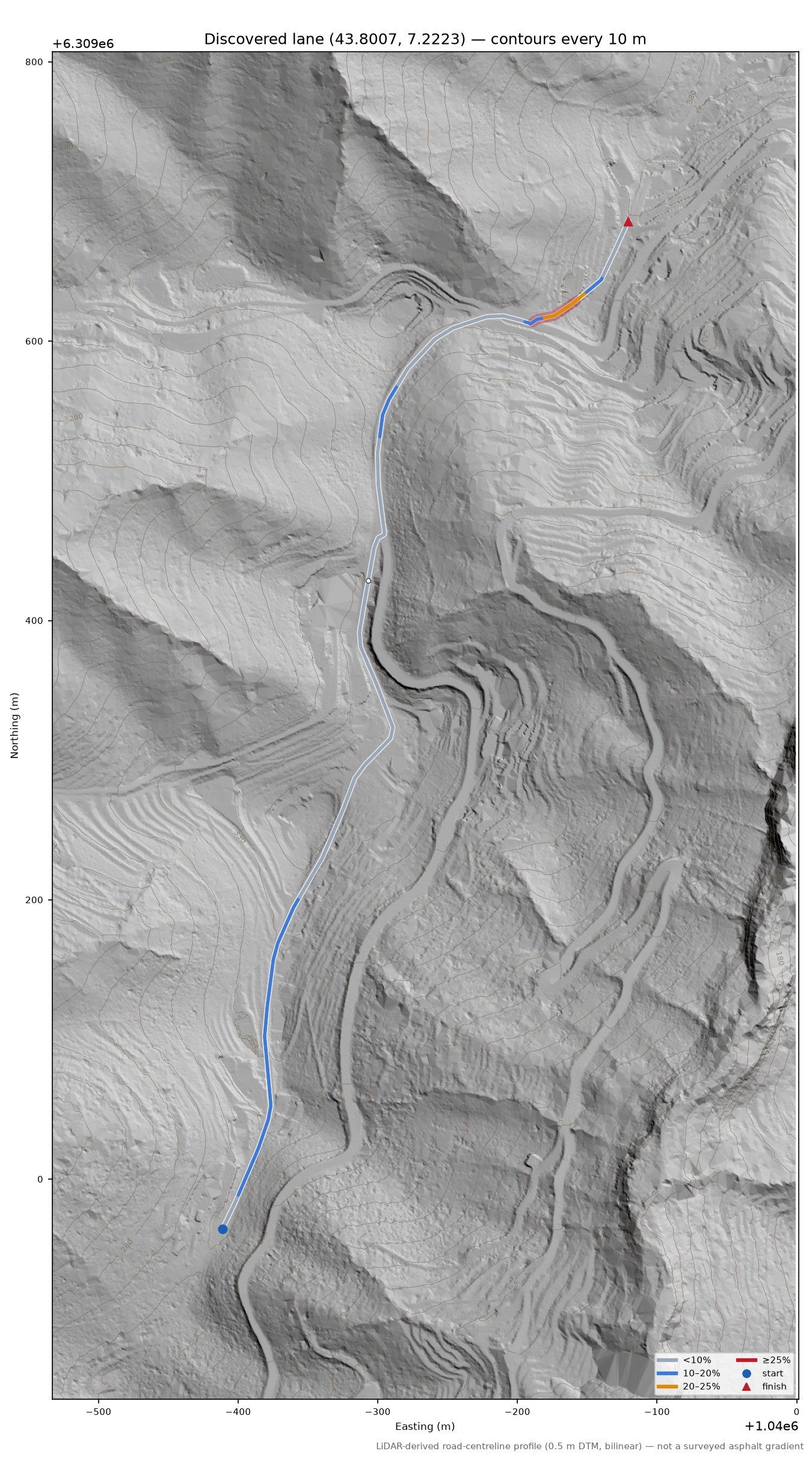 Discovered lane (43.8007, 7.2223) LiDAR hillshade map with contours