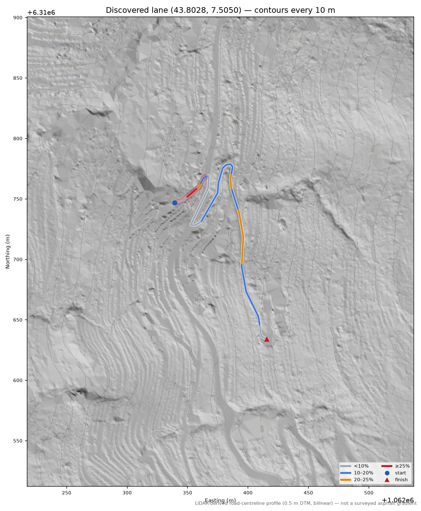 Discovered lane (43.8028, 7.5050) LiDAR hillshade map with contours