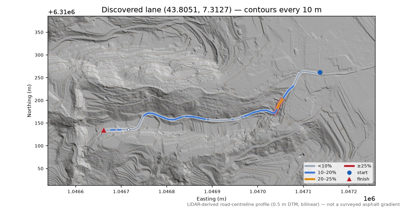 Discovered lane (43.8051, 7.3127) LiDAR hillshade map with contours
