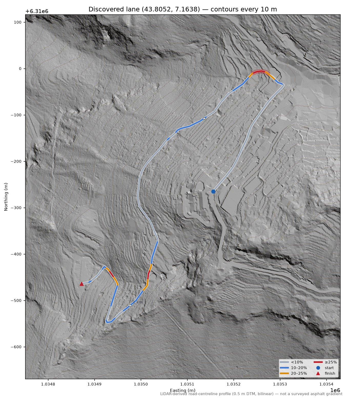 Discovered lane (43.8052, 7.1638) LiDAR hillshade map with contours