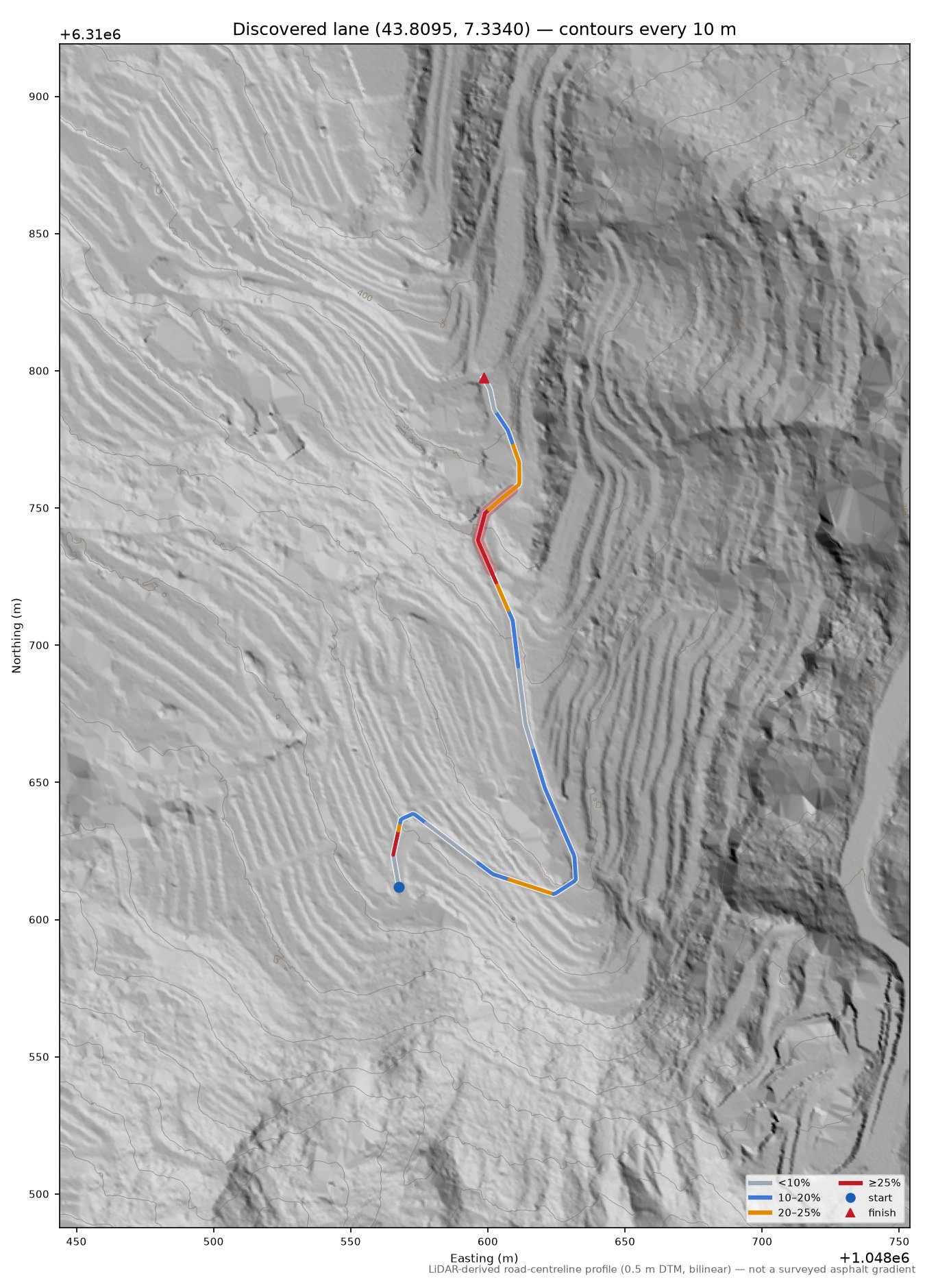 Discovered lane (43.8095, 7.3340) LiDAR hillshade map with contours