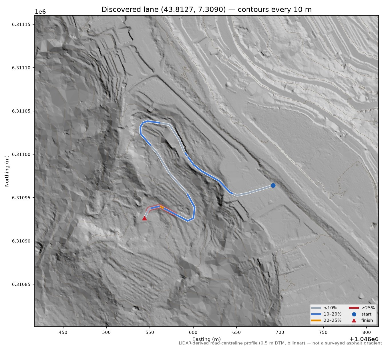 Discovered lane (43.8127, 7.3090) LiDAR hillshade map with contours