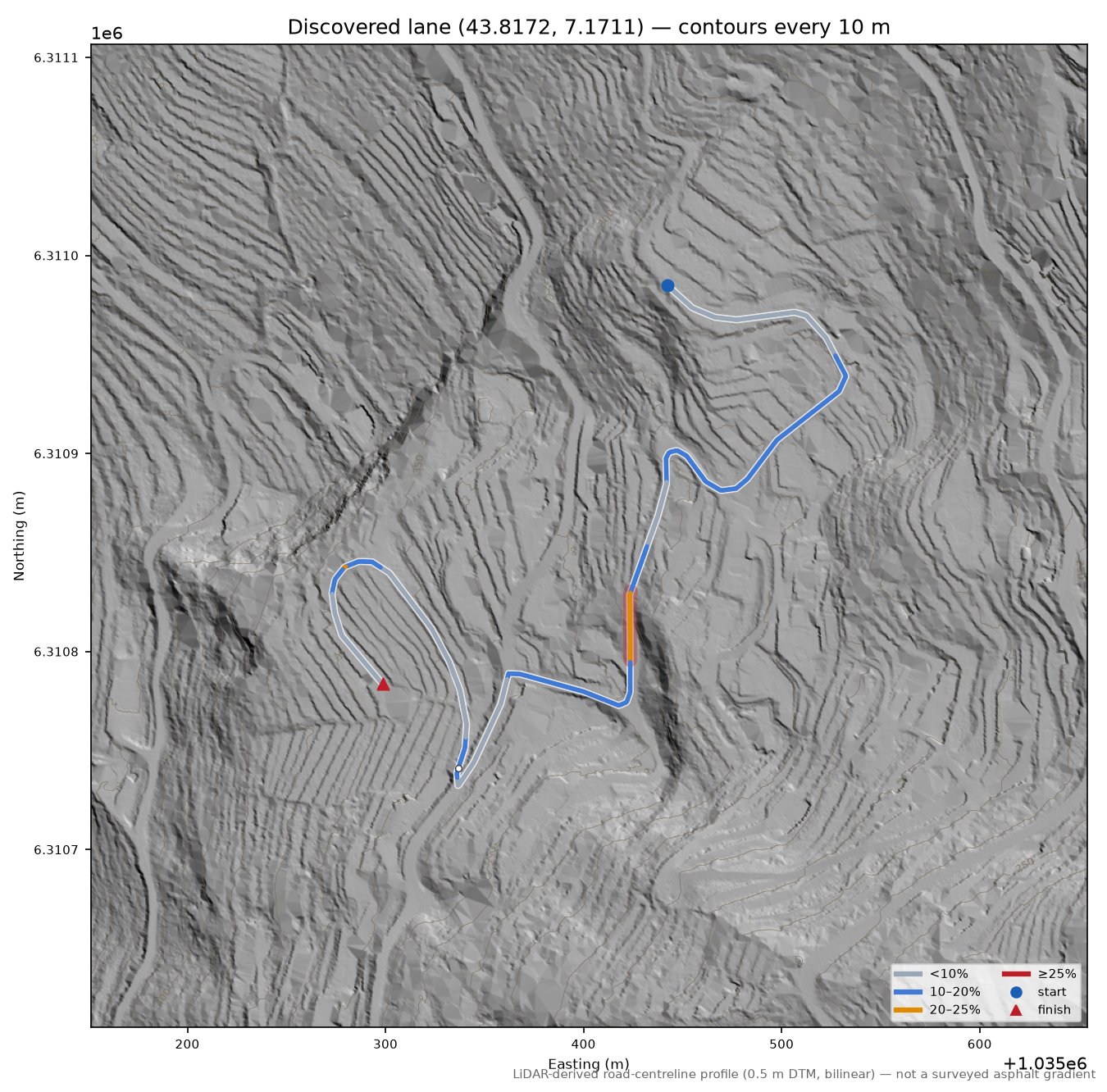 Discovered lane (43.8172, 7.1711) LiDAR hillshade map with contours