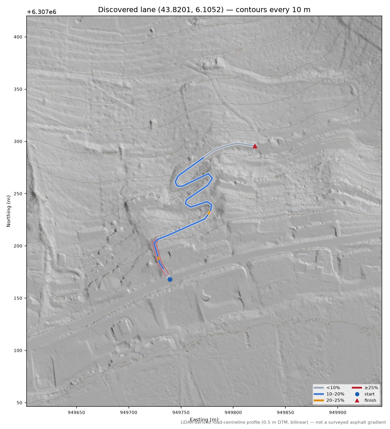 Discovered lane (43.8201, 6.1052) LiDAR hillshade map with contours