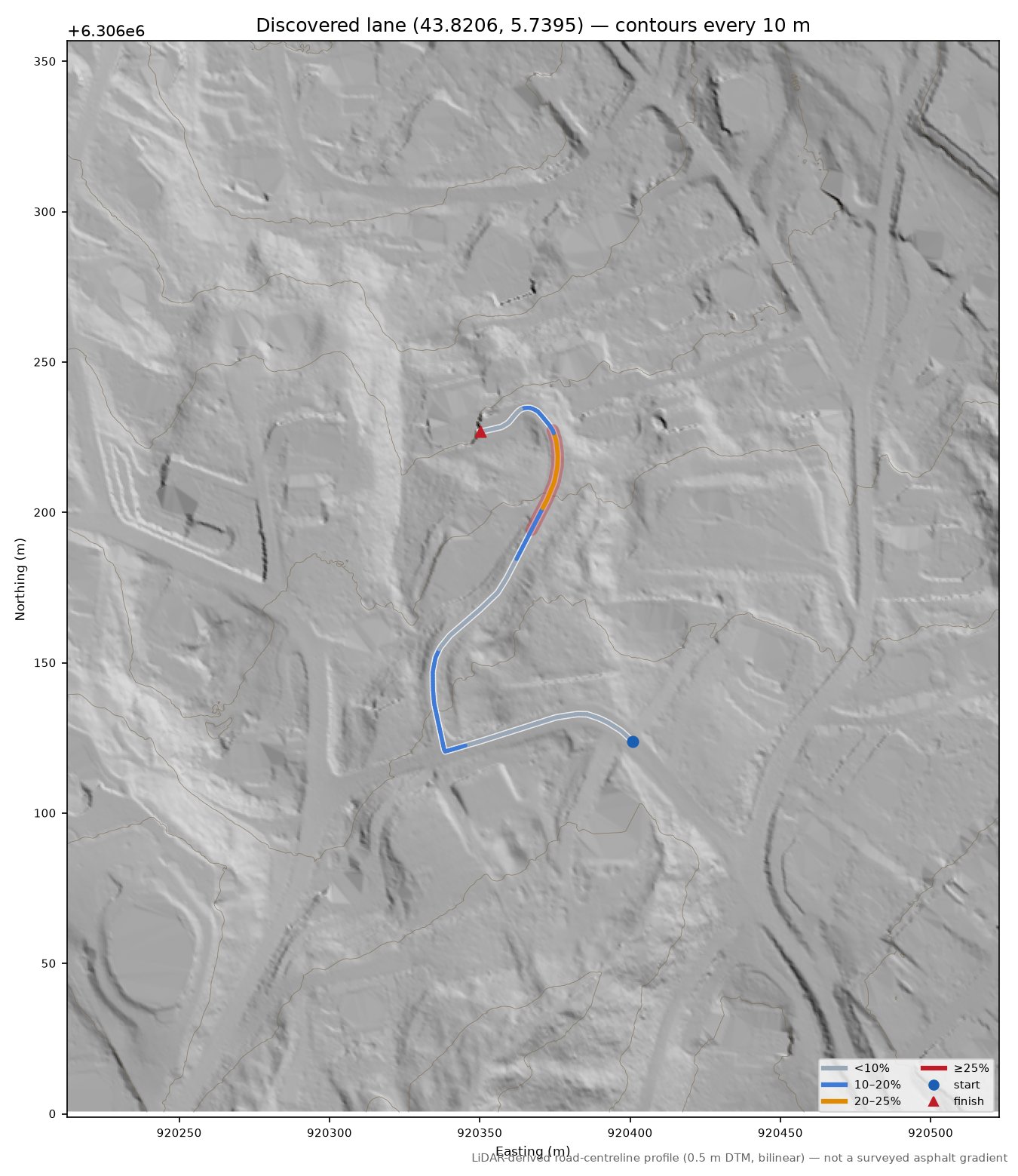Discovered lane (43.8206, 5.7395) LiDAR hillshade map with contours