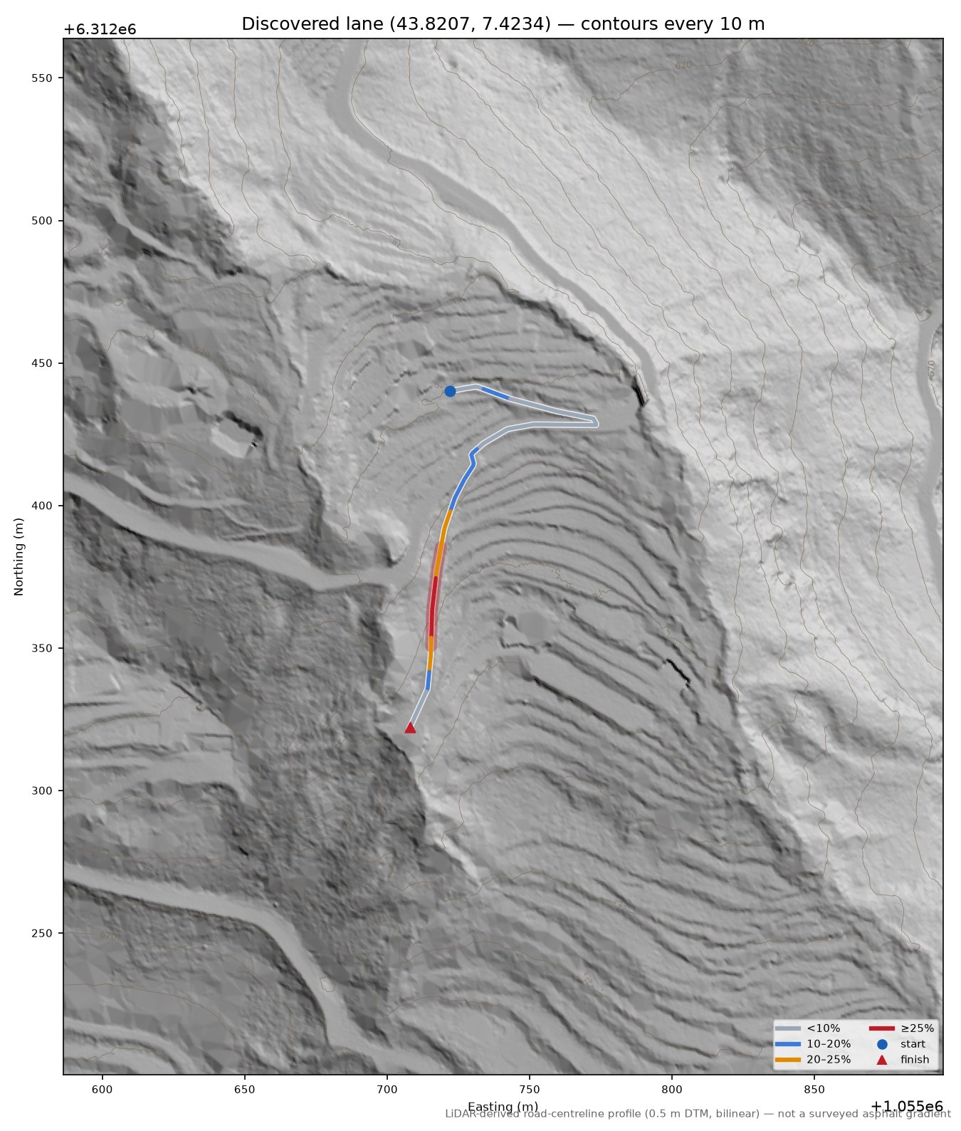 Discovered lane (43.8207, 7.4234) LiDAR hillshade map with contours