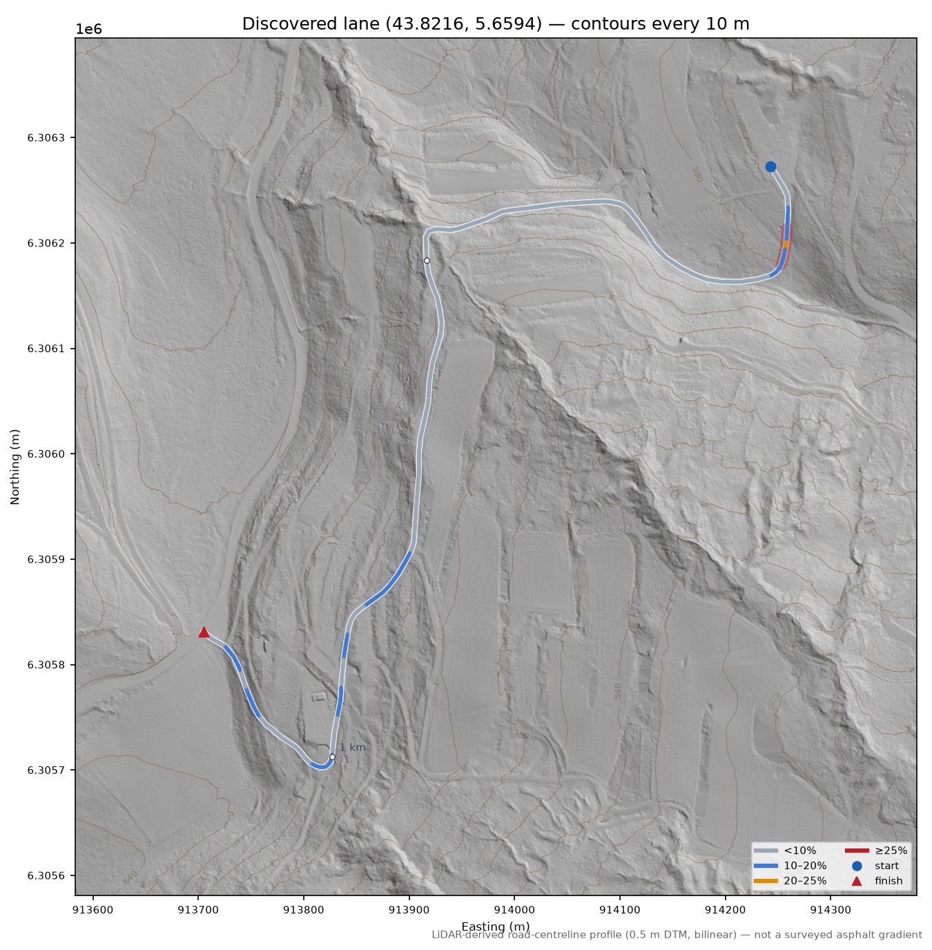 Discovered lane (43.8216, 5.6594) LiDAR hillshade map with contours