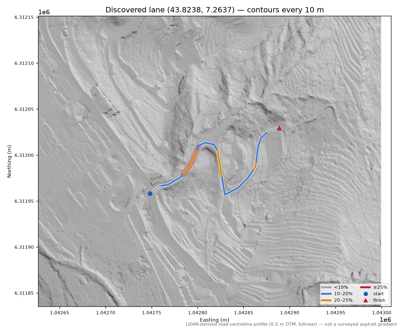 Discovered lane (43.8238, 7.2637) LiDAR hillshade map with contours