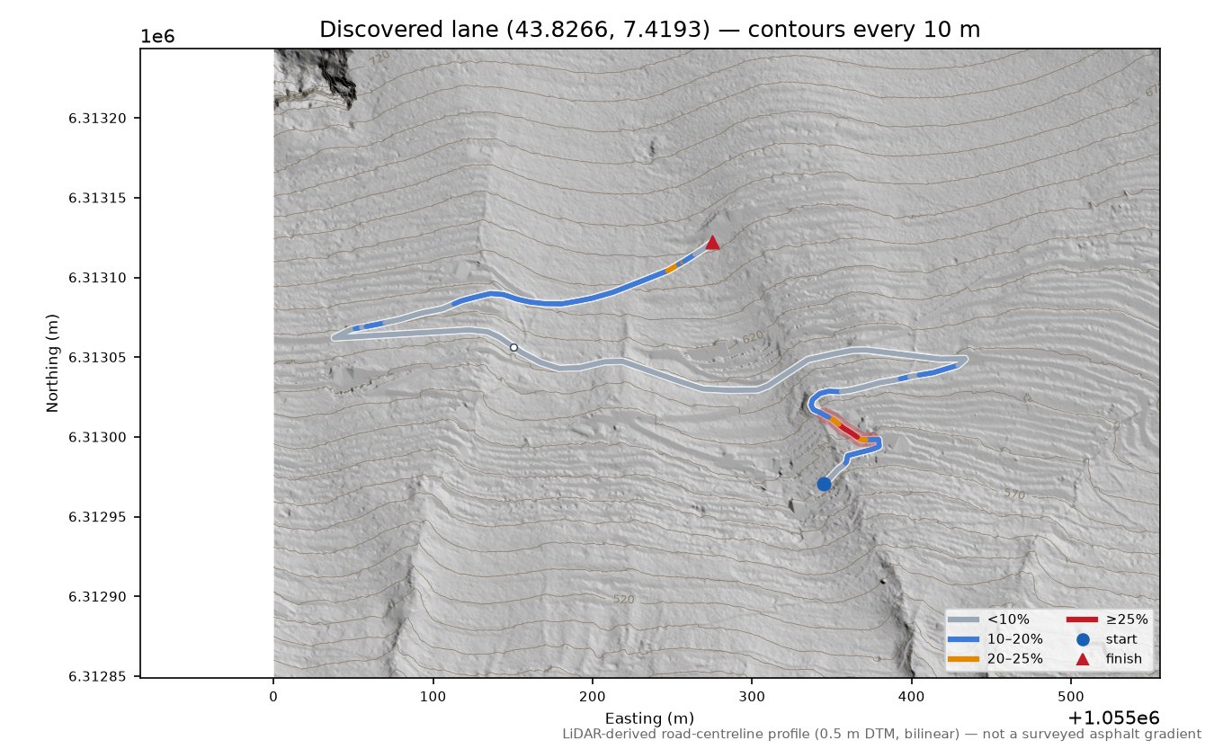 Discovered lane (43.8266, 7.4193) LiDAR hillshade map with contours