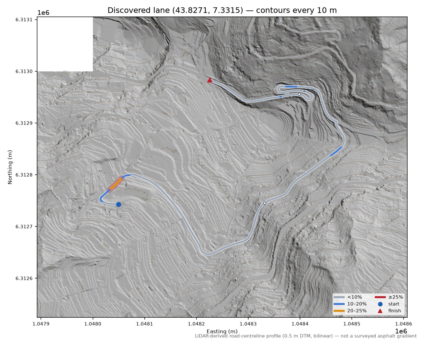 Discovered lane (43.8271, 7.3315) LiDAR hillshade map with contours
