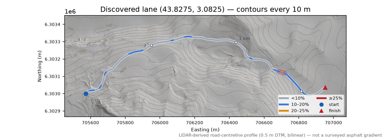Discovered lane (43.8275, 3.0825) LiDAR hillshade map with contours