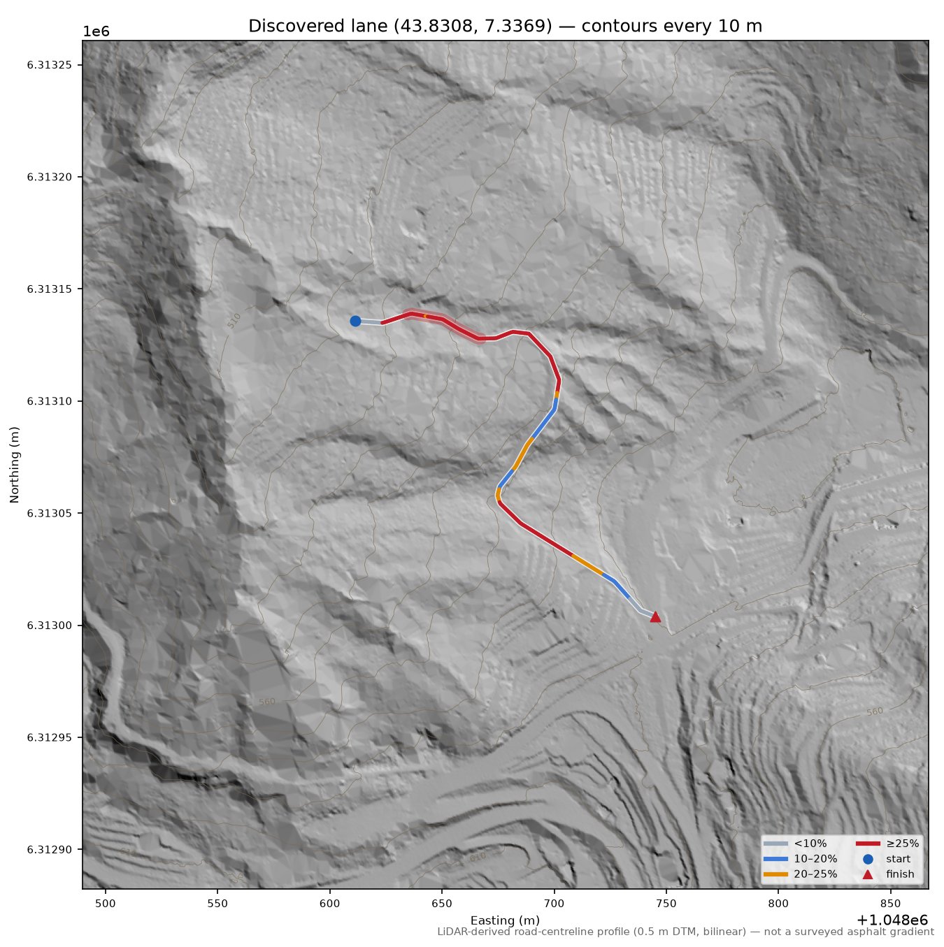 Discovered lane (43.8308, 7.3369) LiDAR hillshade map with contours