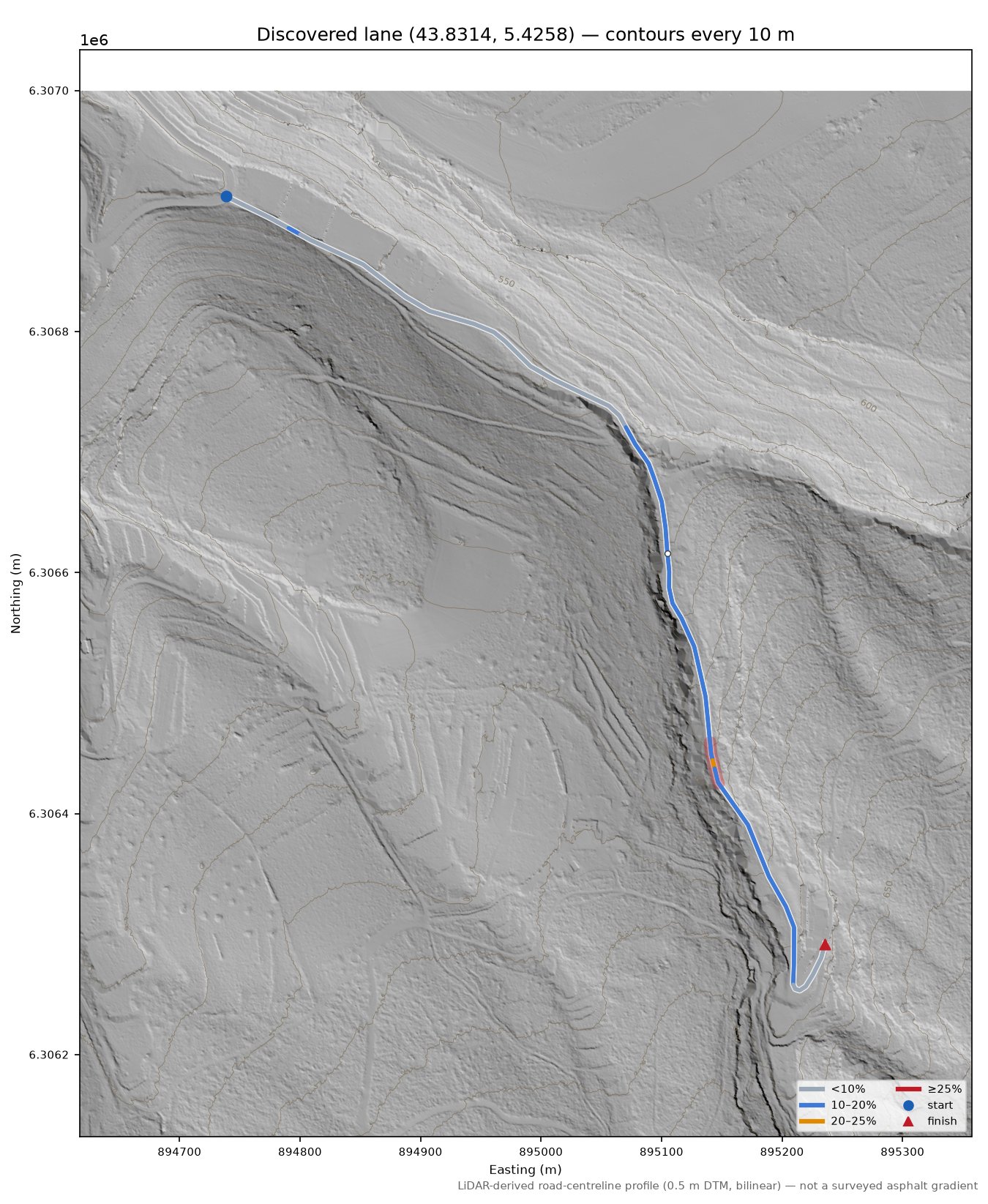 Discovered lane (43.8314, 5.4258) LiDAR hillshade map with contours